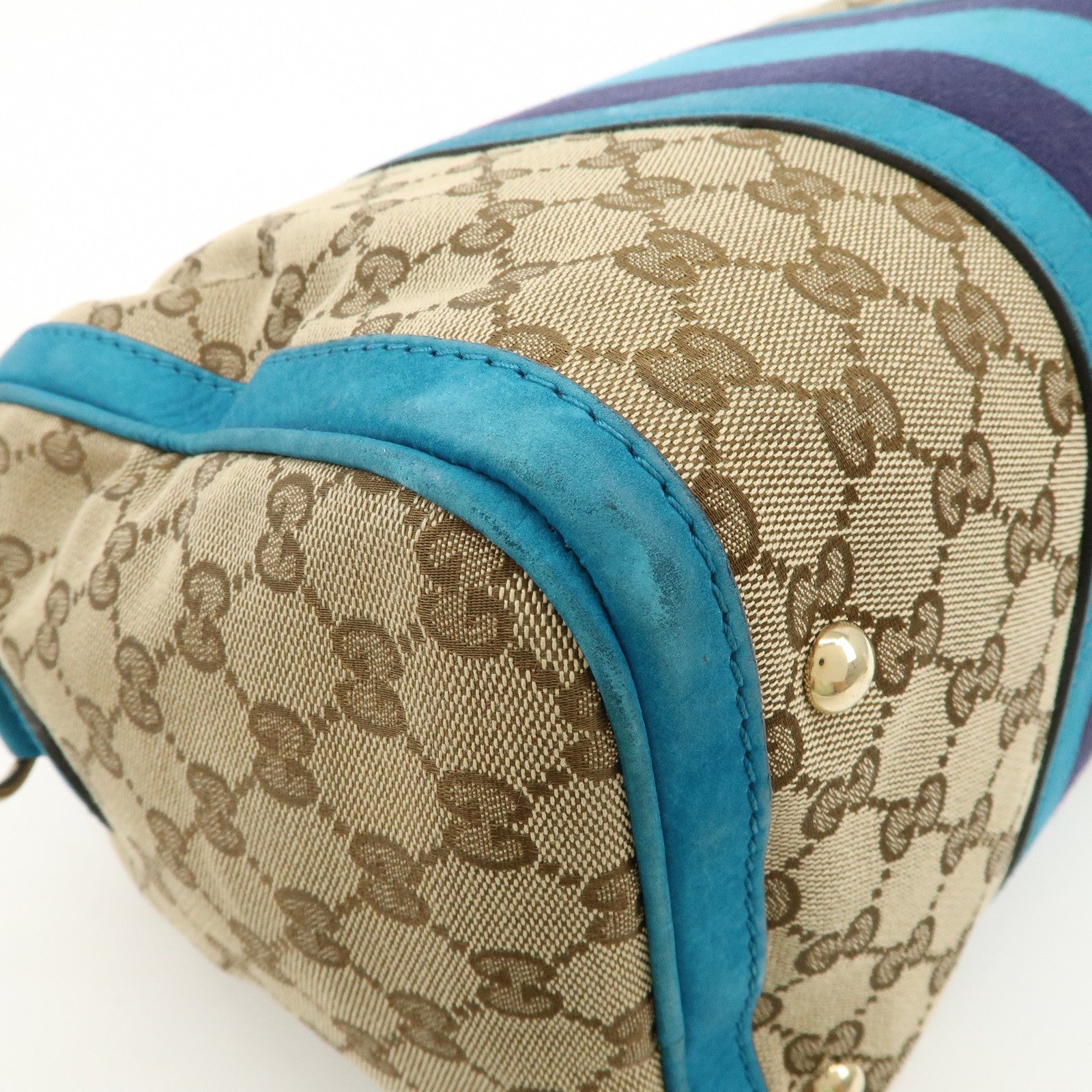 GUCCI Sherry GG Canvas Leather Boston Bag Beige Blue 247205