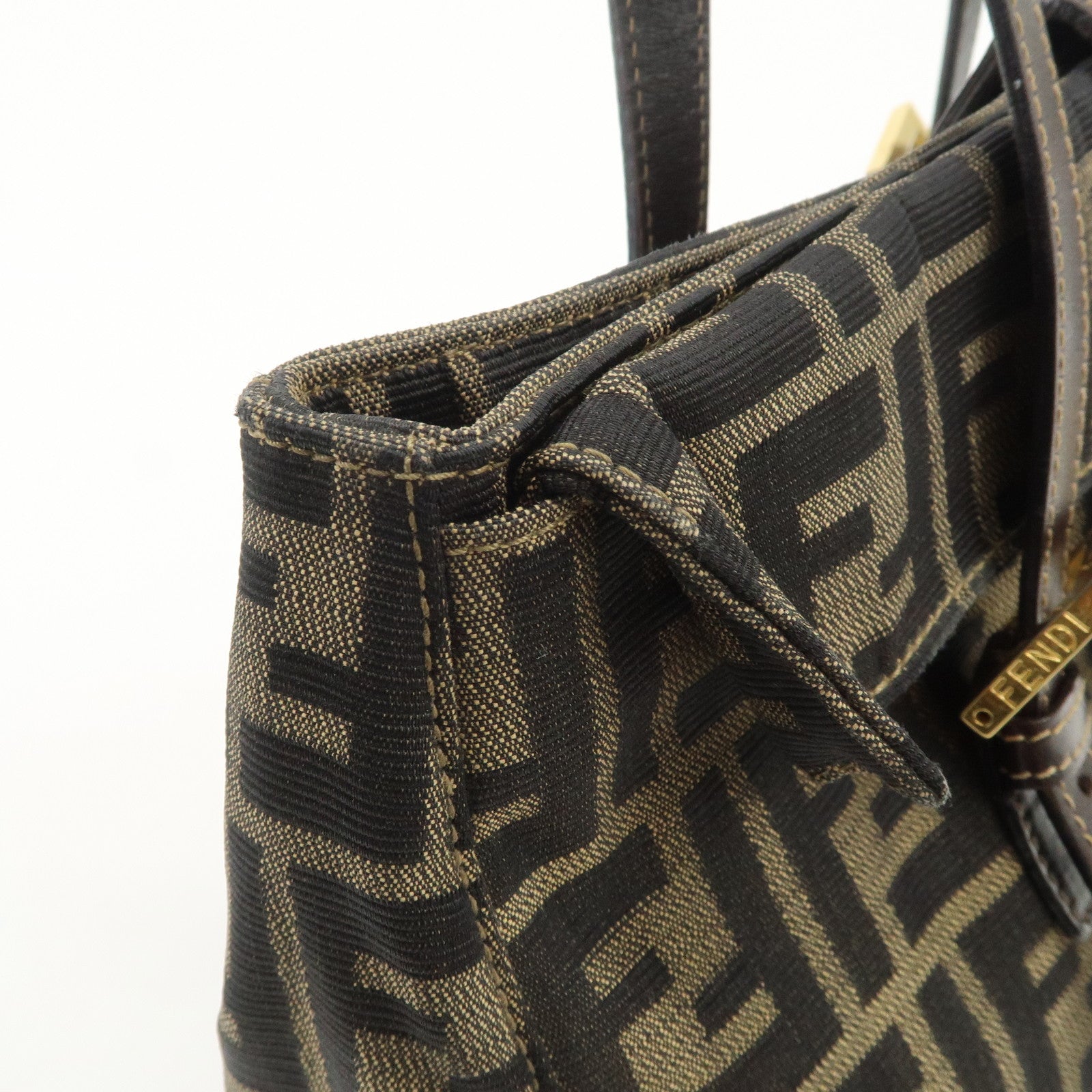 FENDI Zucca Canvas Leather Hand Bag Brown Black Gold Hardware Used