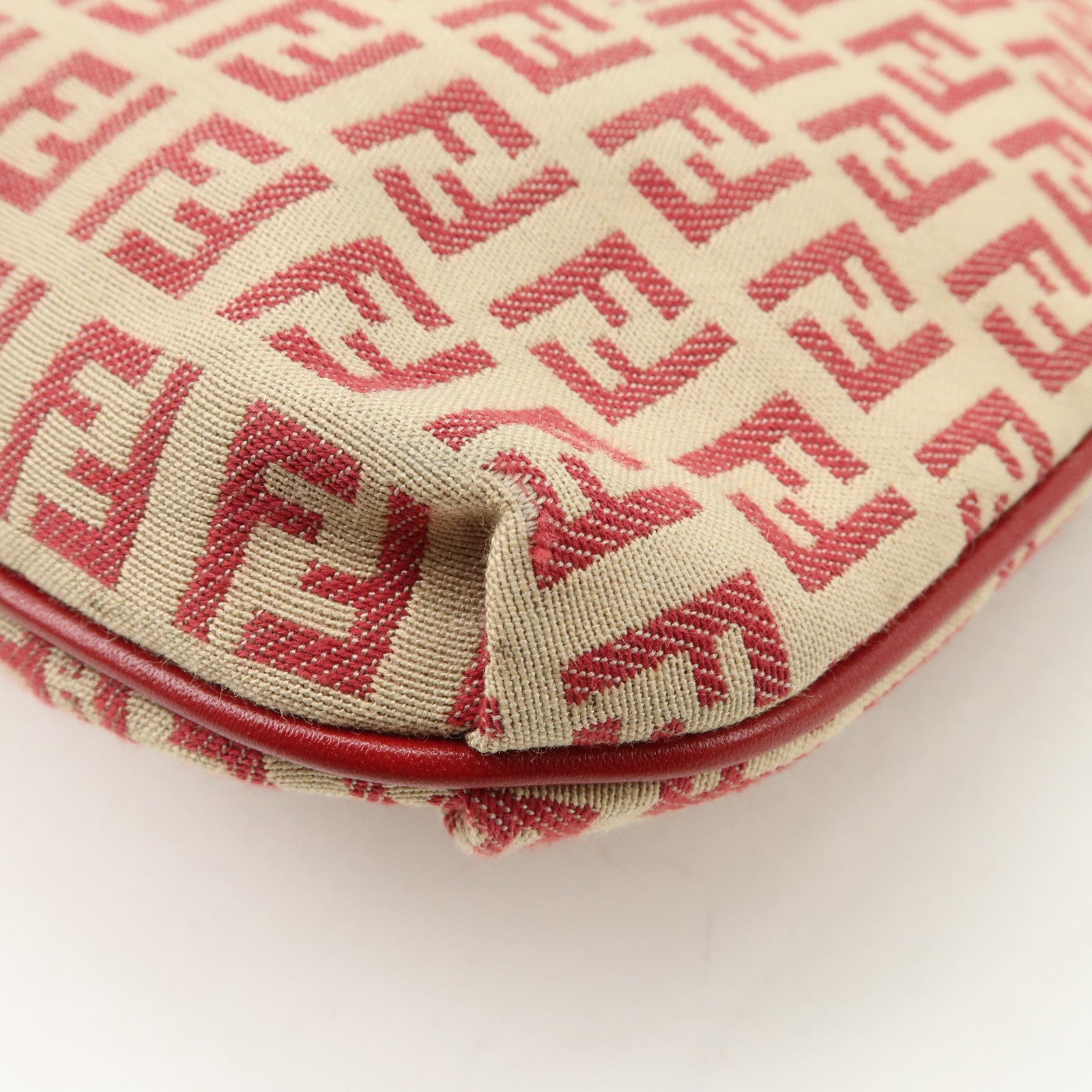FENDI Zucchino Canvas Leather Shoulder Bag Beige Red 8BT075 Used