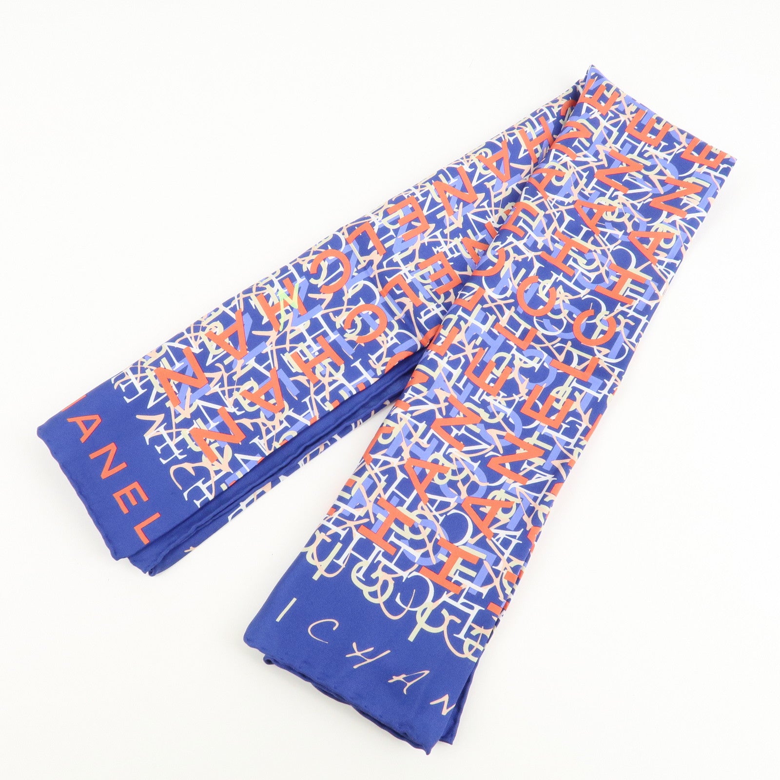 CHANEL Silk 100% Scarf CHANLE Logo Print Blue Used