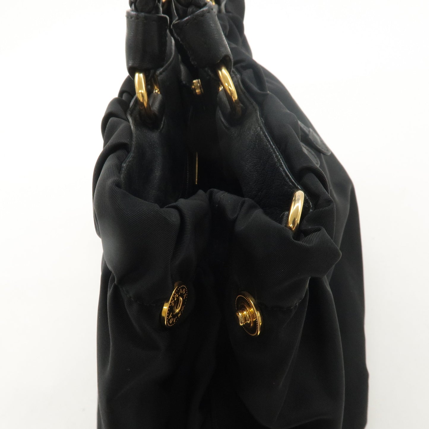PRADA Logo Nylon Leather Tote Bag Hand Bag Black Gold HDW