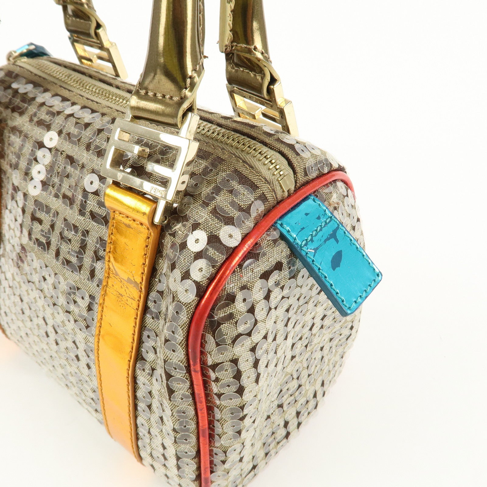 FENDI Zucchino Flip Sequin Canvas Patent Leather Boston Bag 8BL071 Used