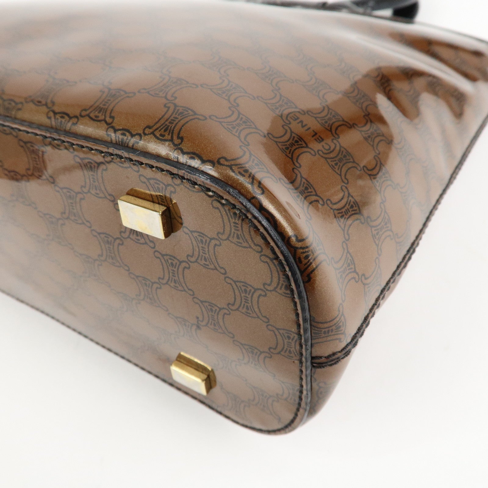 CELINE Macadam Patent Leather Mini Tote Bag Hand Bag Brown Black Used