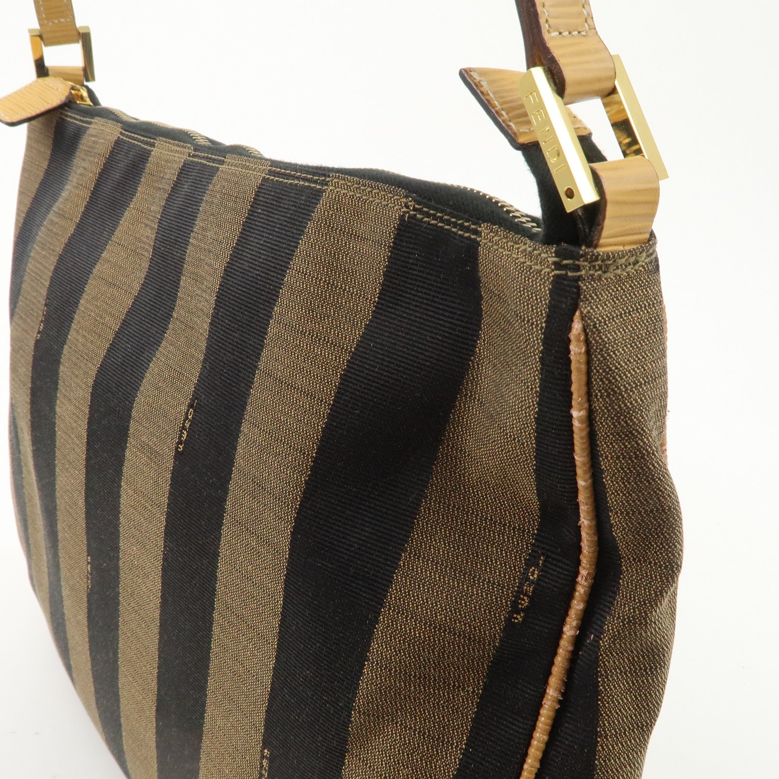 FENDI Pequin Canvas Leather Shoulder Bag Brown Black Used