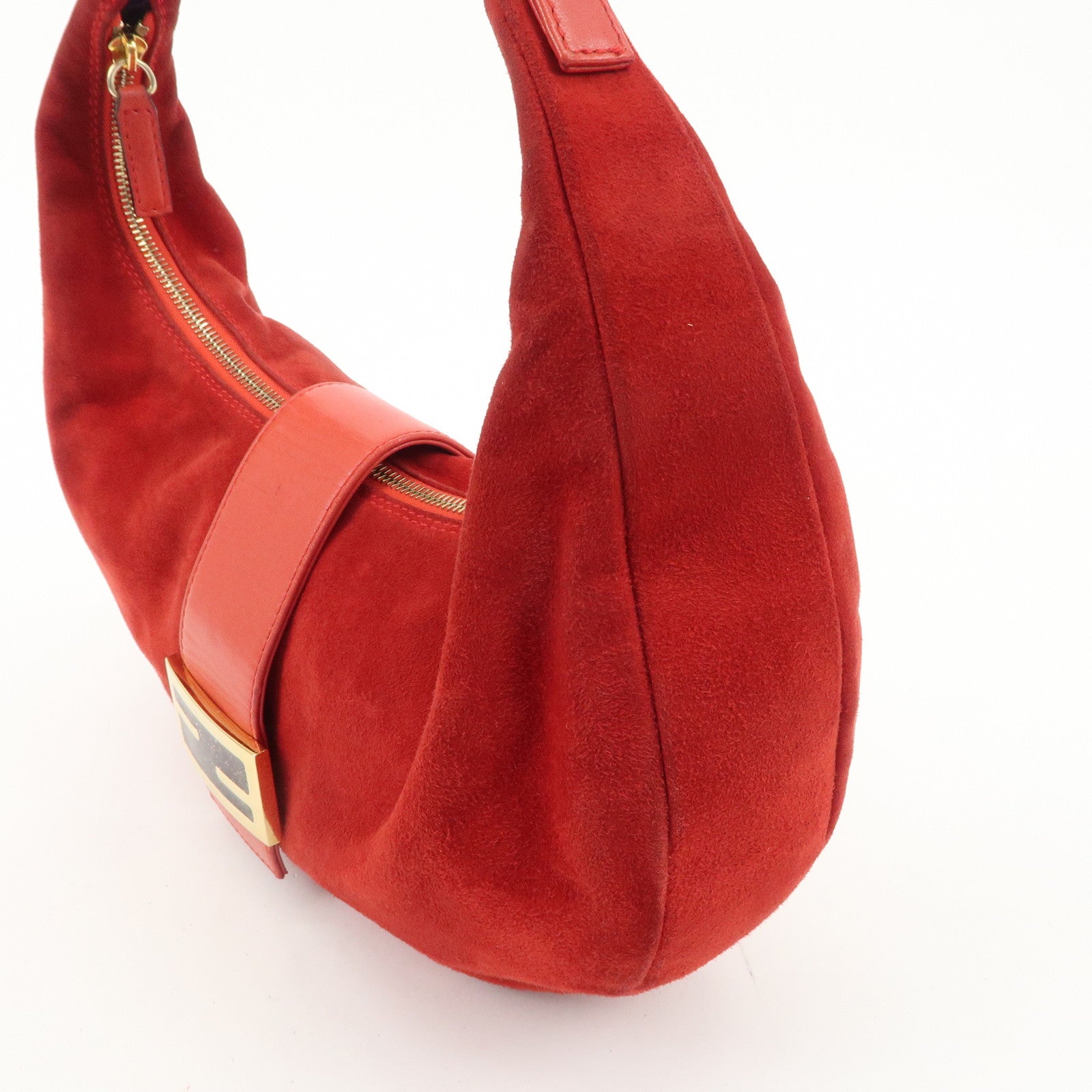 FENDI Suede Leather Shoulder Bag Red Gold Hardware