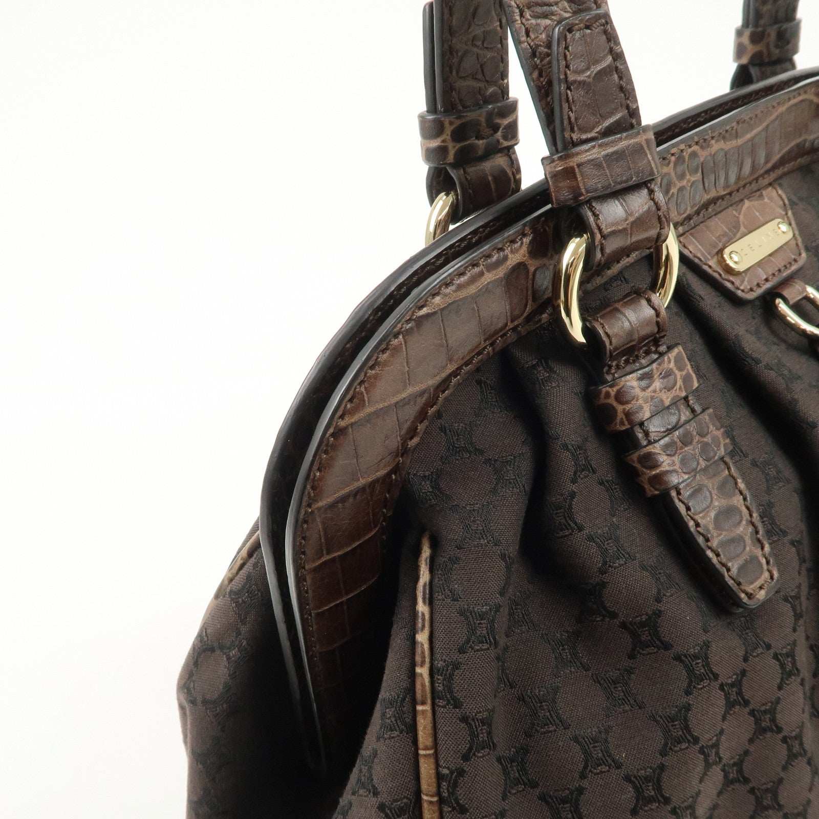 CELINE Macadam Canvas Leather Shoulder Bag Fringe Brown Used