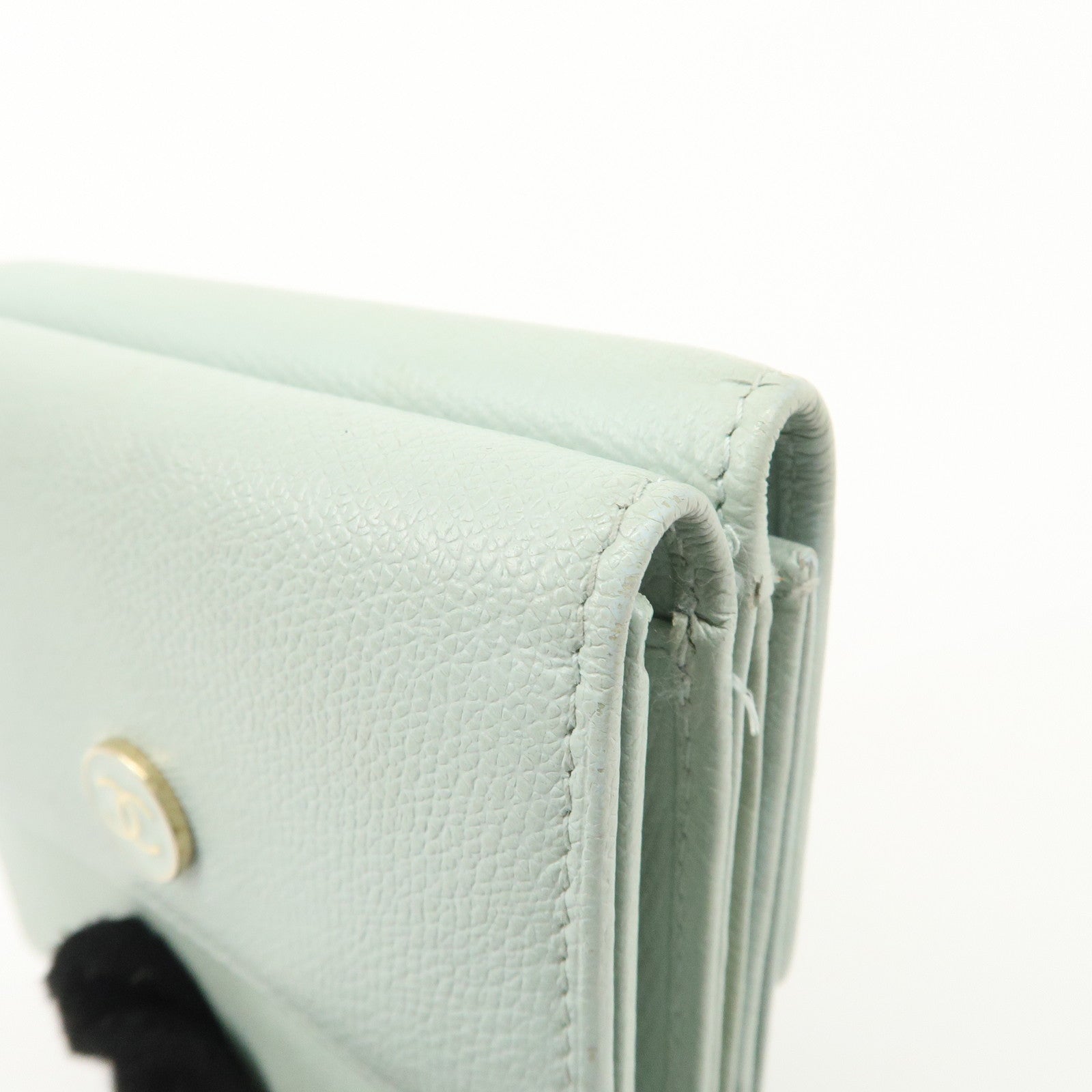 CHANEL COCO Button Leather Double Hook Wallet Mint blue A20902 Used