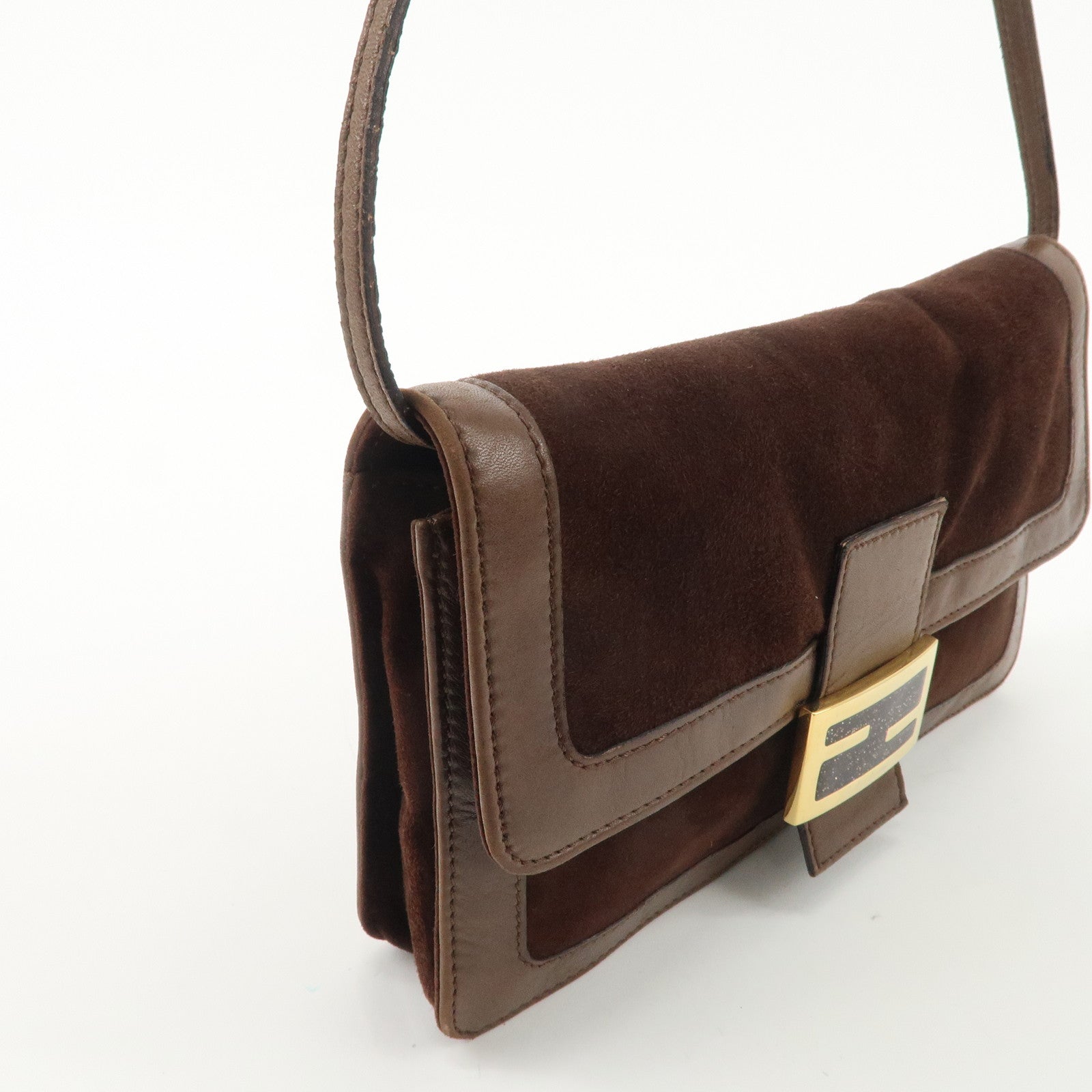 FENDI Suede Leawther Shoulder Bag Hand Bag Brown 16381