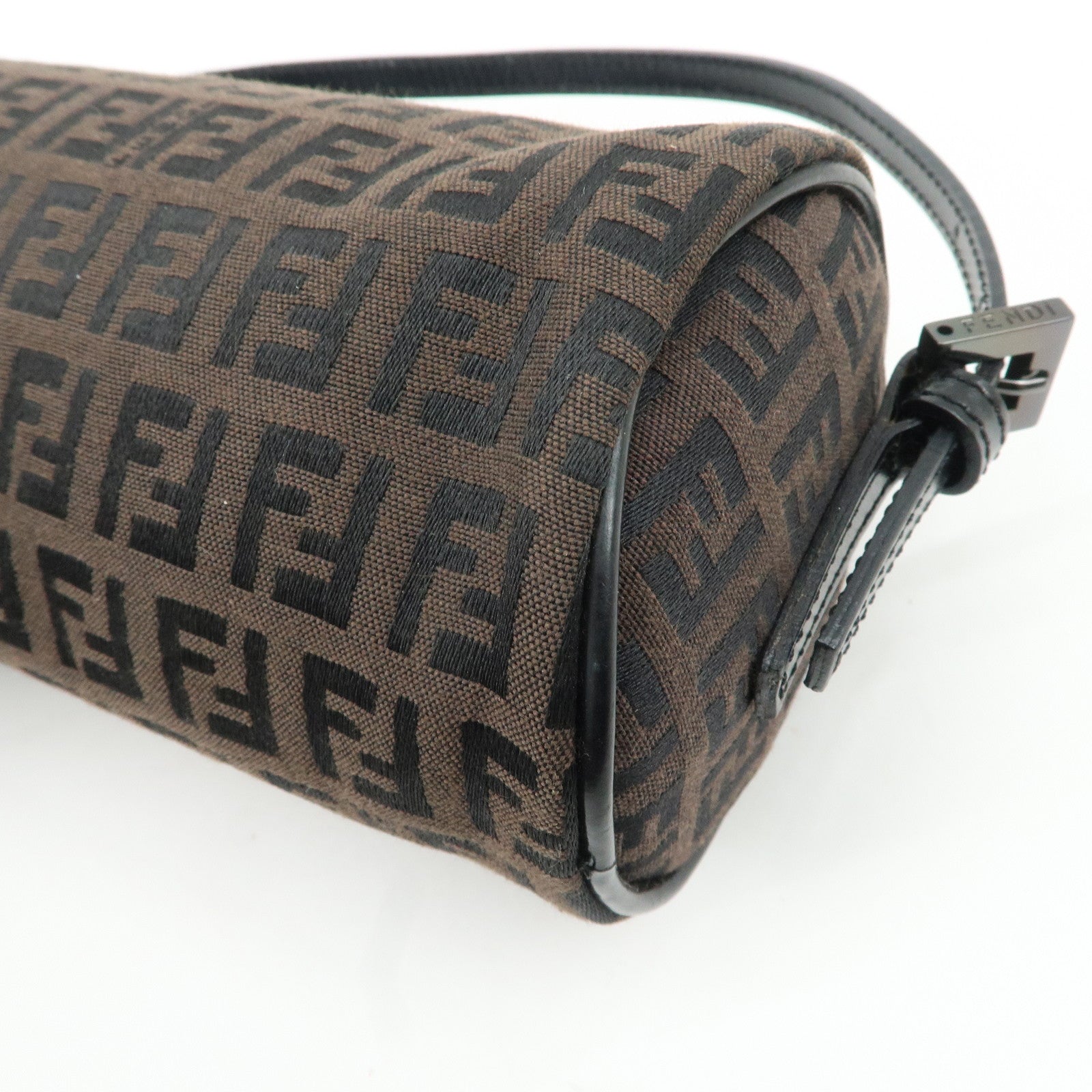 FENDI Zucchino Canvas Leather Pouch Hand Bag Black Brown 7N0016