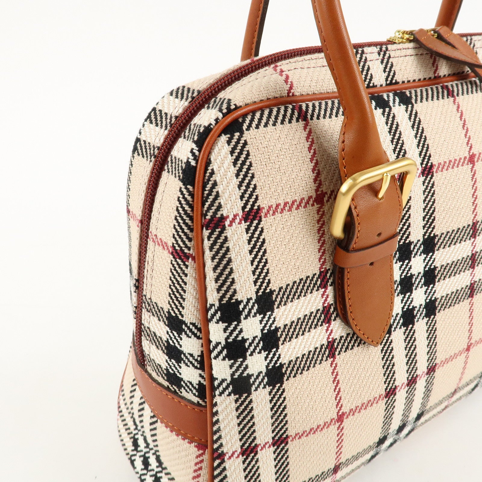BURBERRY Leather Hand Bag Boston Bag Nova Plaid Brown Used