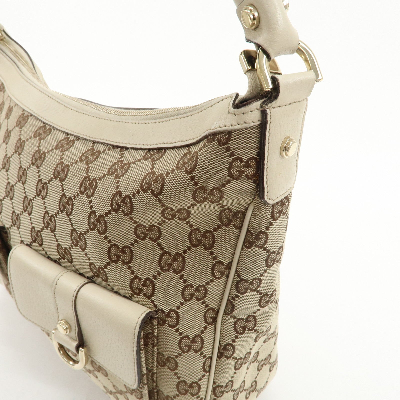 GUCCI GG Canvas Leather Shoulder Bag Beige Ivory 153025