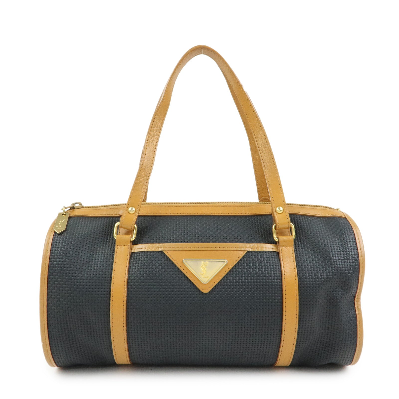 SAINT LAURENT PARIS PVC Leather Mini Boston Bag Hand Bag Navy Camel