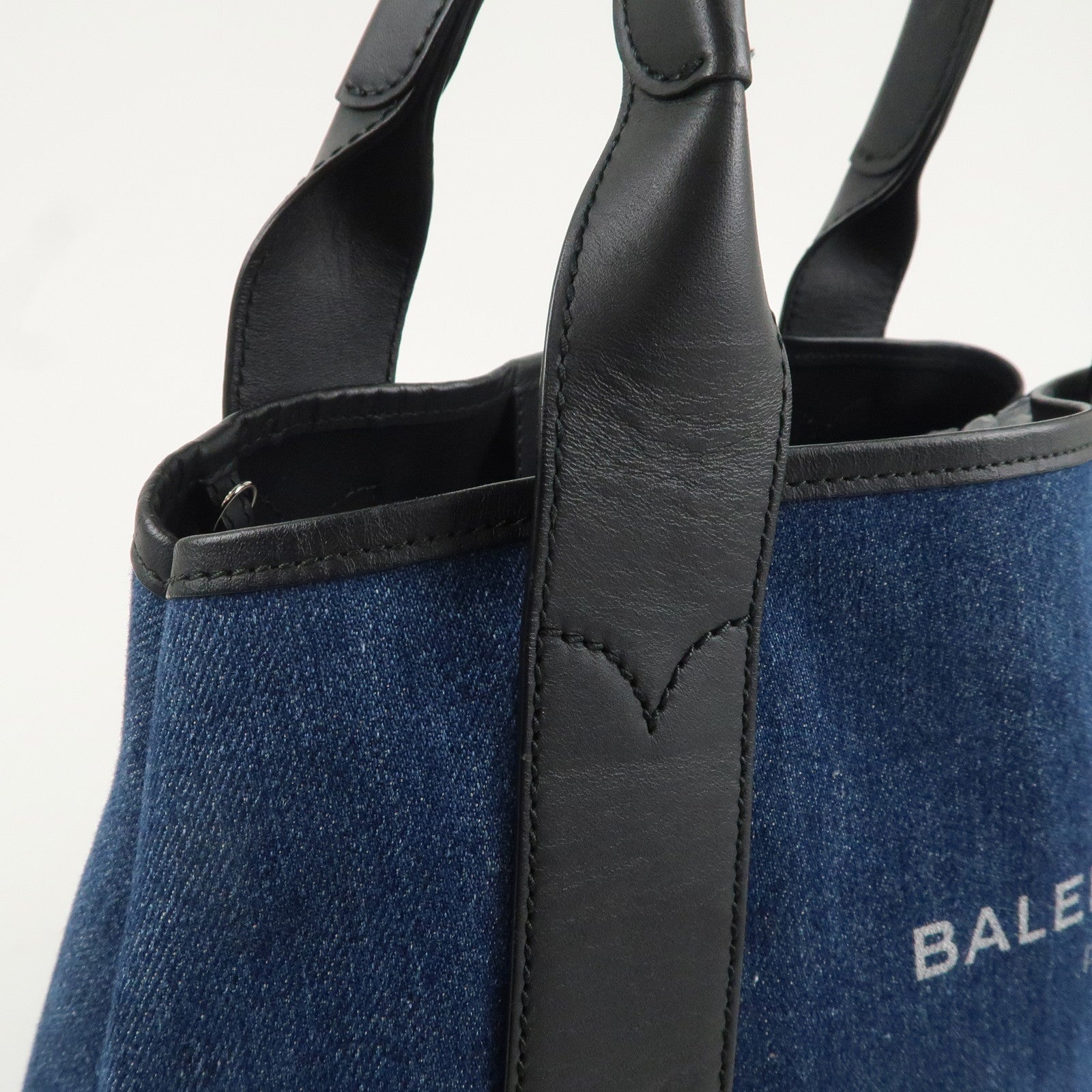 BALENCIAGA Denim Navy Cabas S Canvas Leather Tote Bag Blue 339933