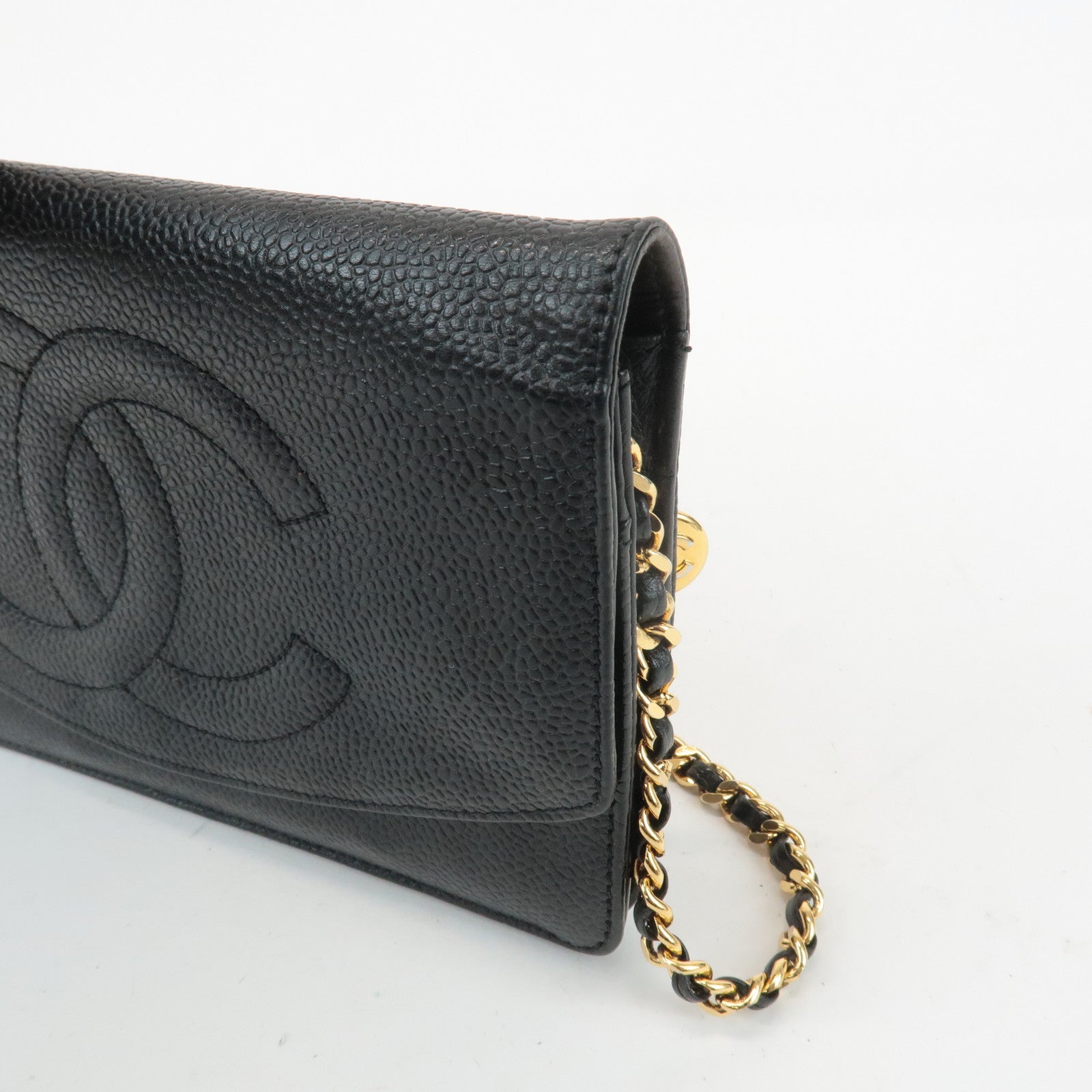 CHANEL COCO Mark Caviar Skin Chain Wallet WOC Black A13509 Used