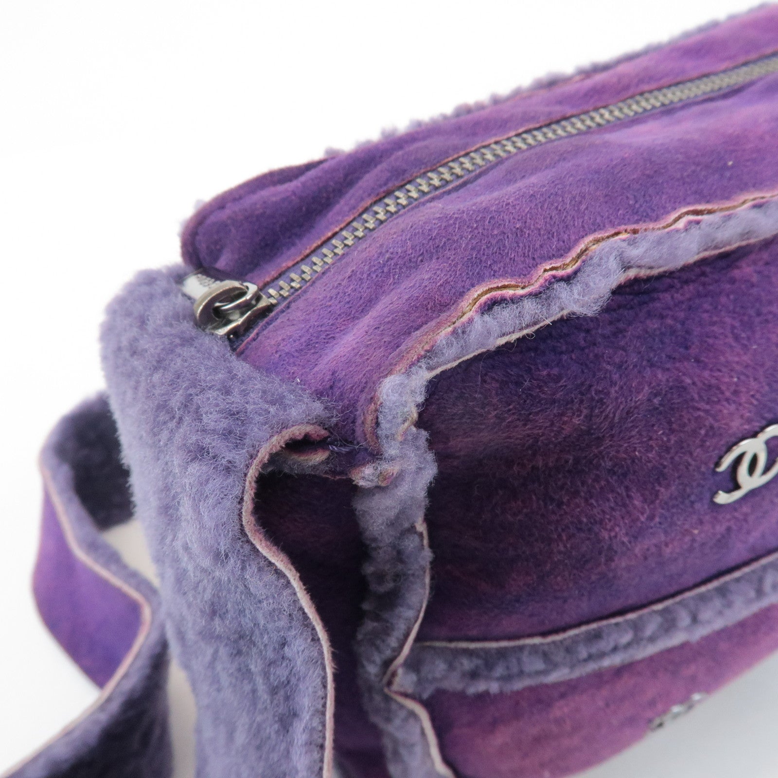 CHANEL COCO Mark Chocolate Bar Suede Mouton Shoulder Bag Purple Used