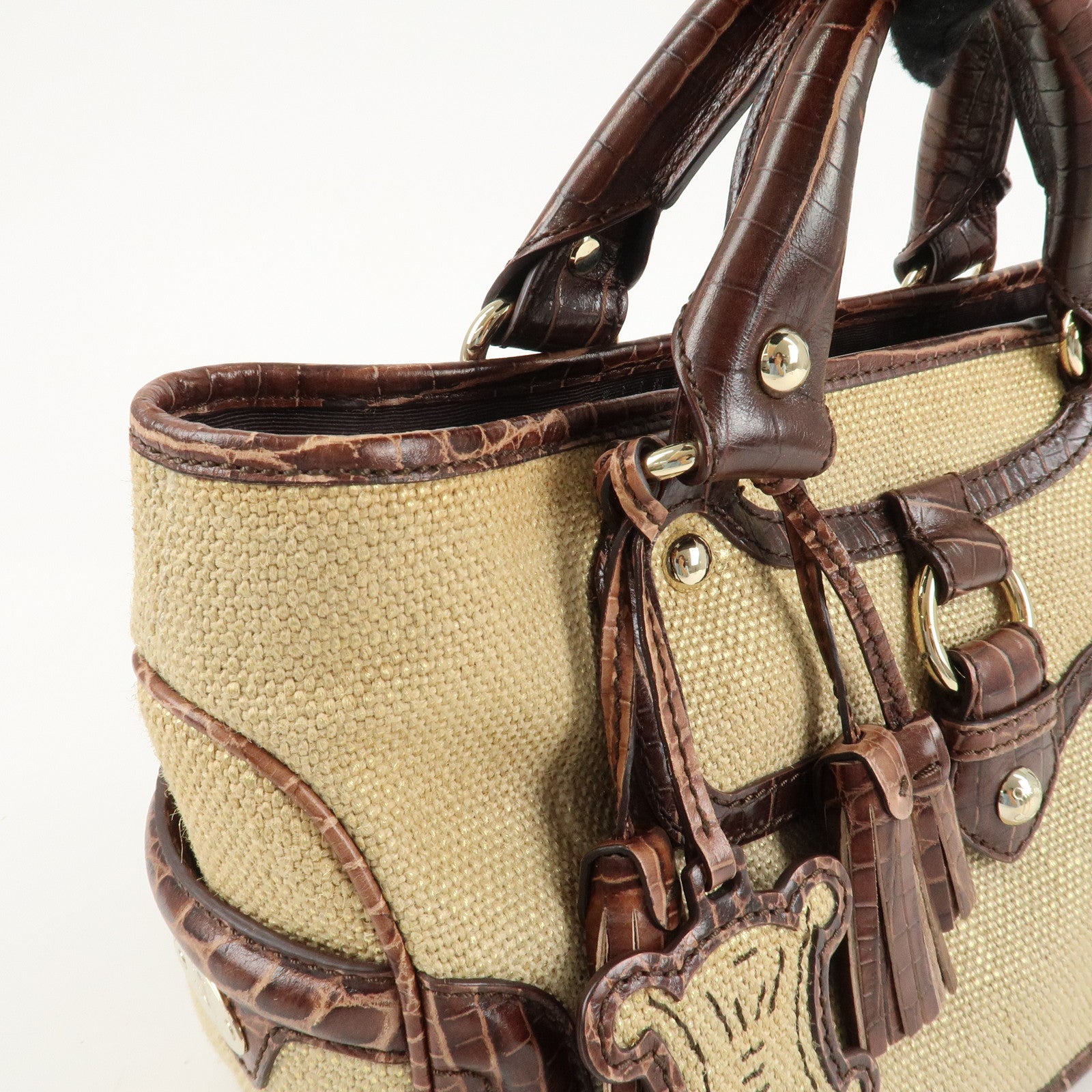 CELINE Straw Leather Boogie Bag Hand Bag Beige Brown Gold HDW Used