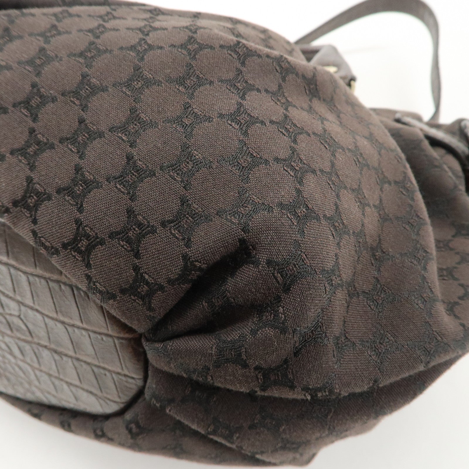 CELINE Macadam Canvas Leather 2Way Bag Gold Charm Dark Brown Used