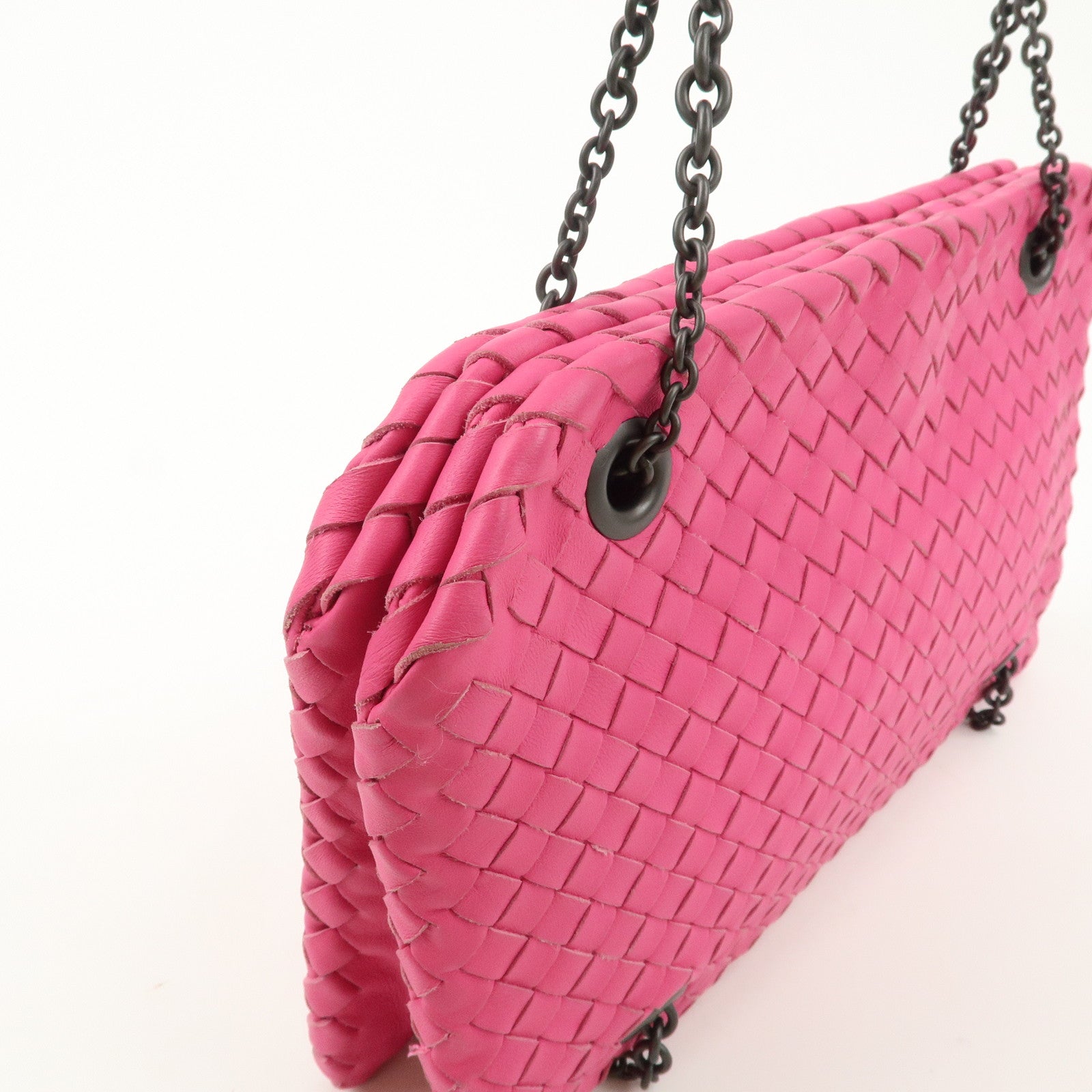 BOTTEGA VENETA Intrecciato Leather Chain Shoulder Bag Pink Used