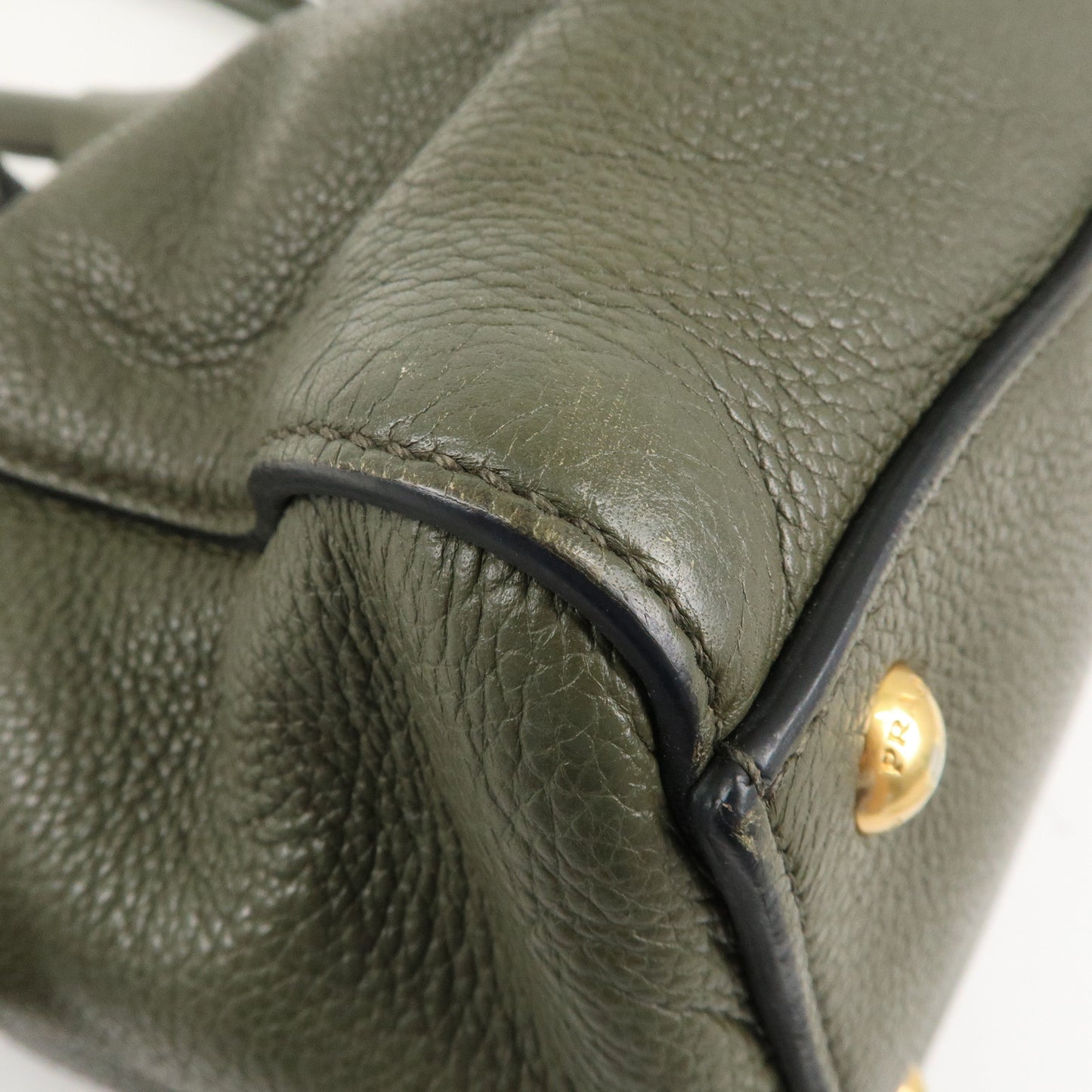 PRADA Logo Leather Hand Bag Shoulder Bag Khaki