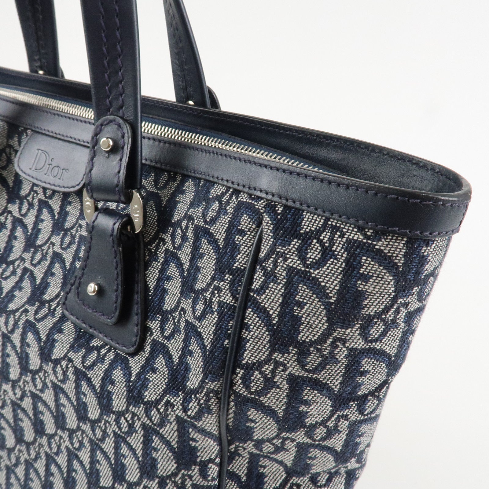 Christian Dior Trotter Canvas Leather Tote Bag Hand Bag Navy White Used