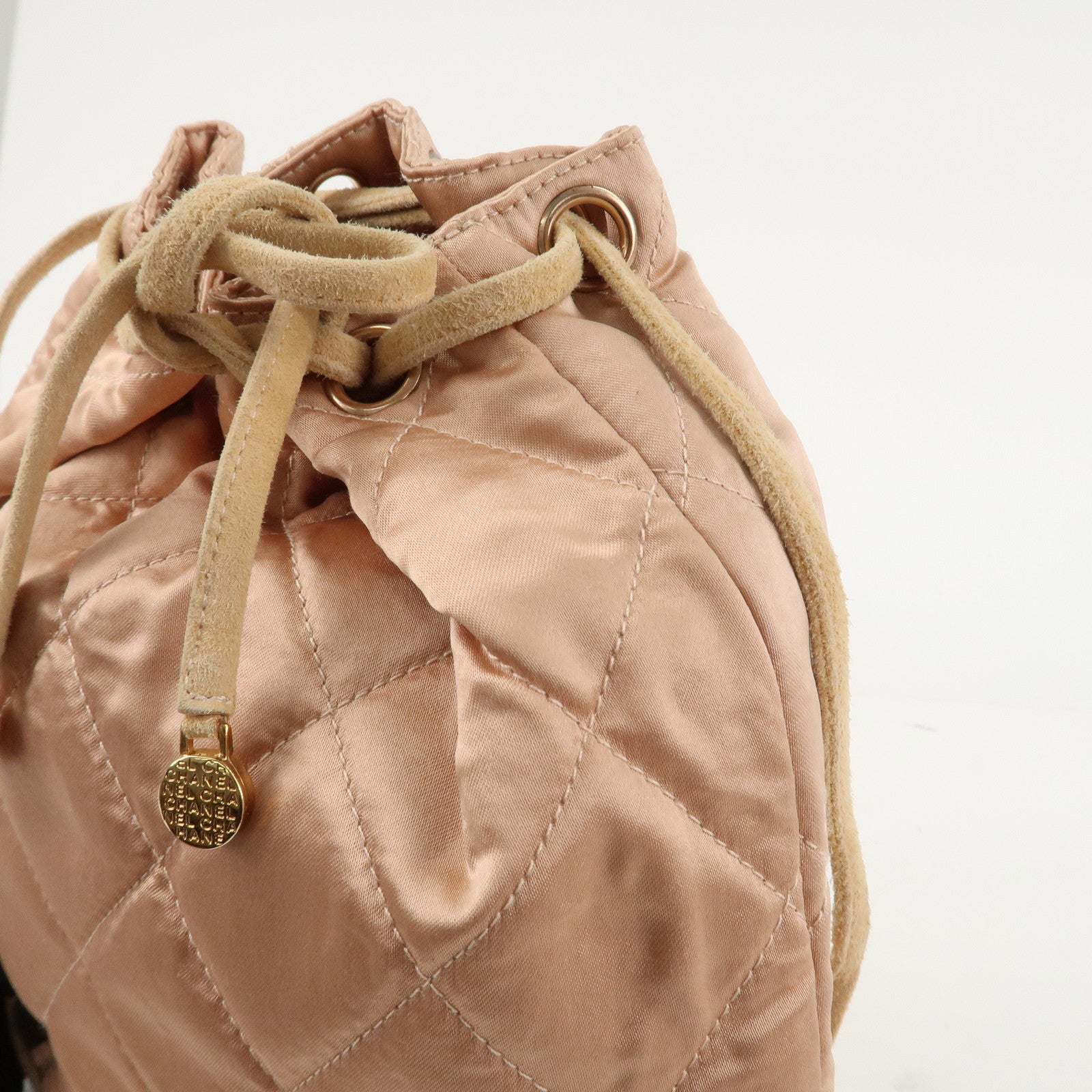 CHANEL Matelasse Satin Suede Back Pack Ruck Sack Pink Beige Used