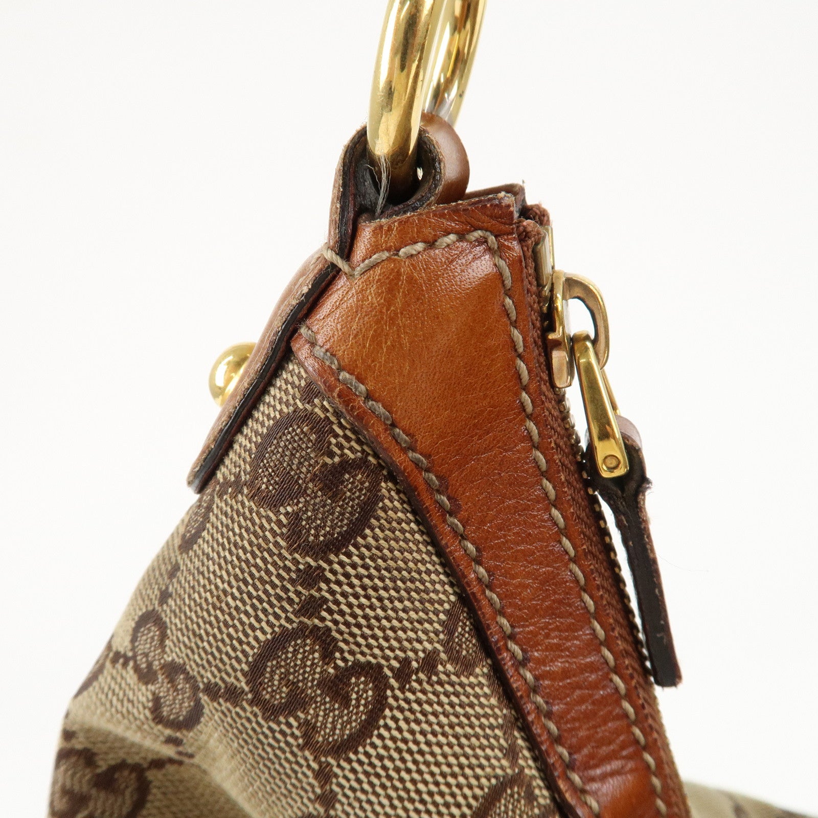 GUCCI GG Canvas Leather Studded Shoulder Bag Brown 159406