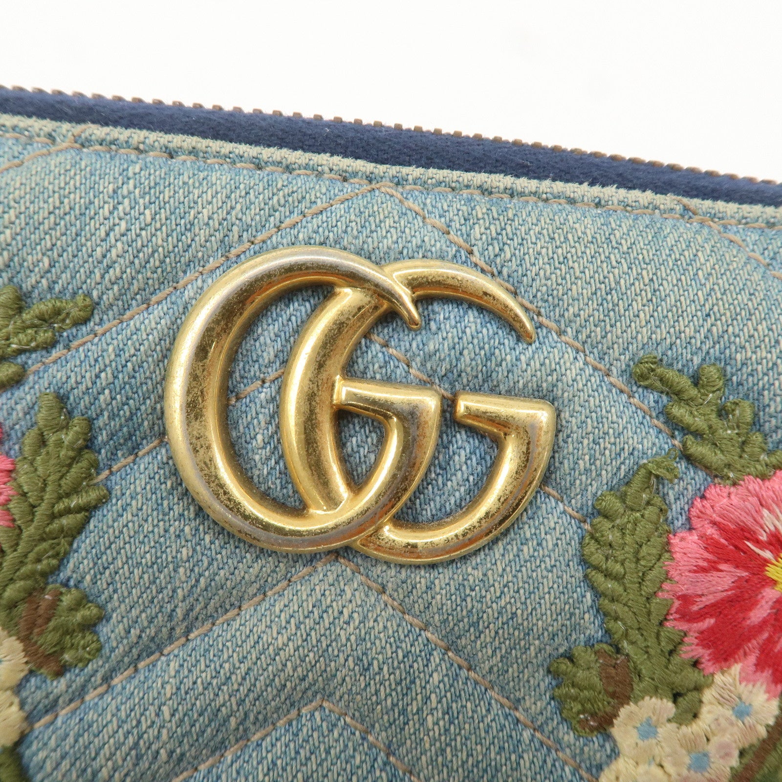 GUCCI GG Marmont Denim Leather Double G Flower Zip Around Wallet