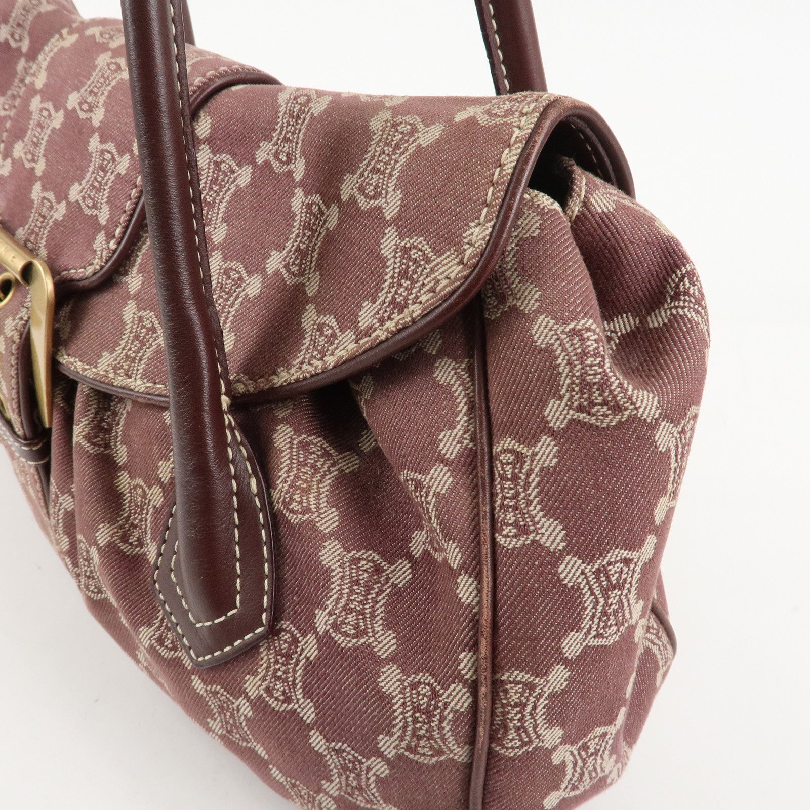 CELINE Macadam Denim Leather Tote Shoulder Bag Bordeaux White Used