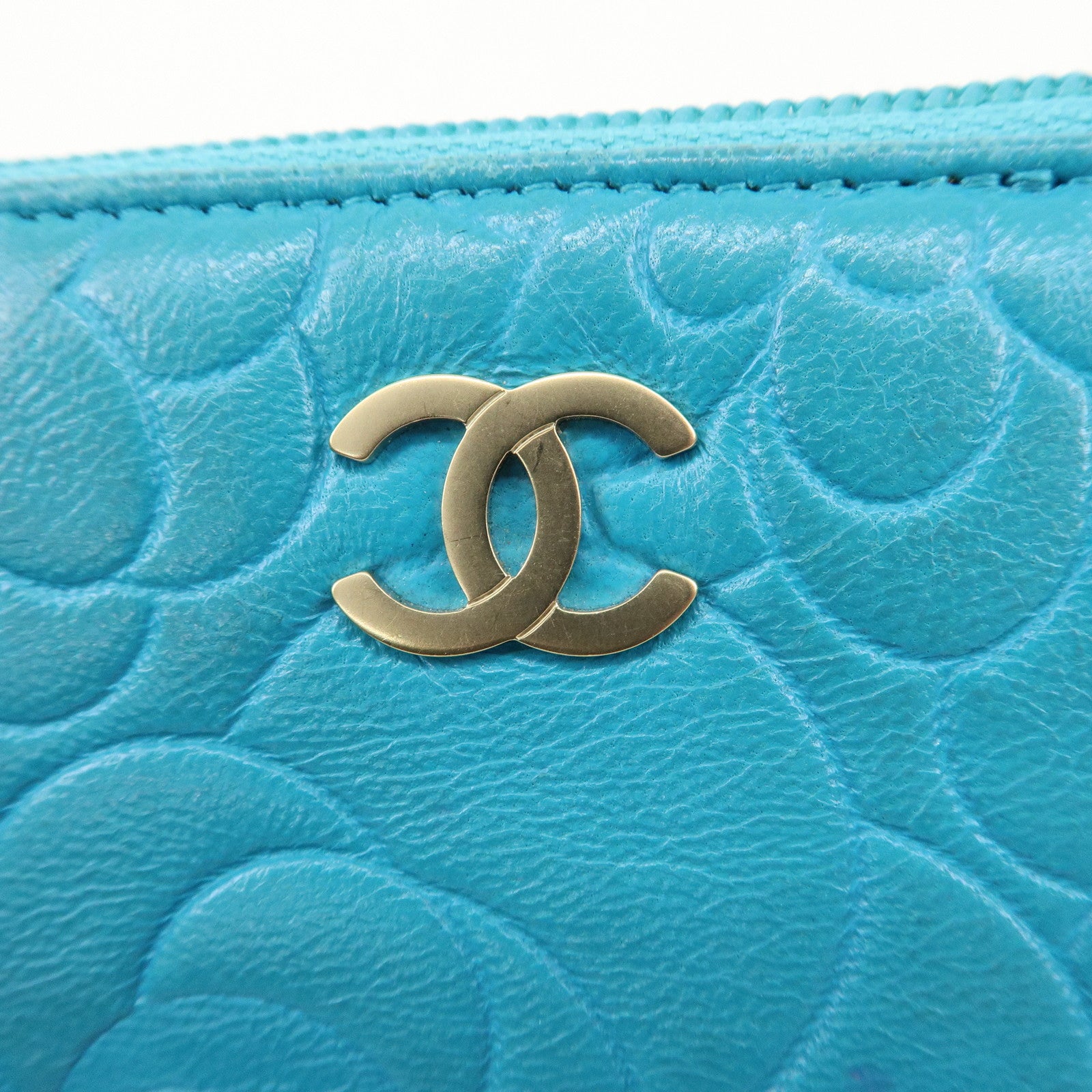 CHANEL Camellia Coco Mark Lamb Skin Coin Case Blue A50090