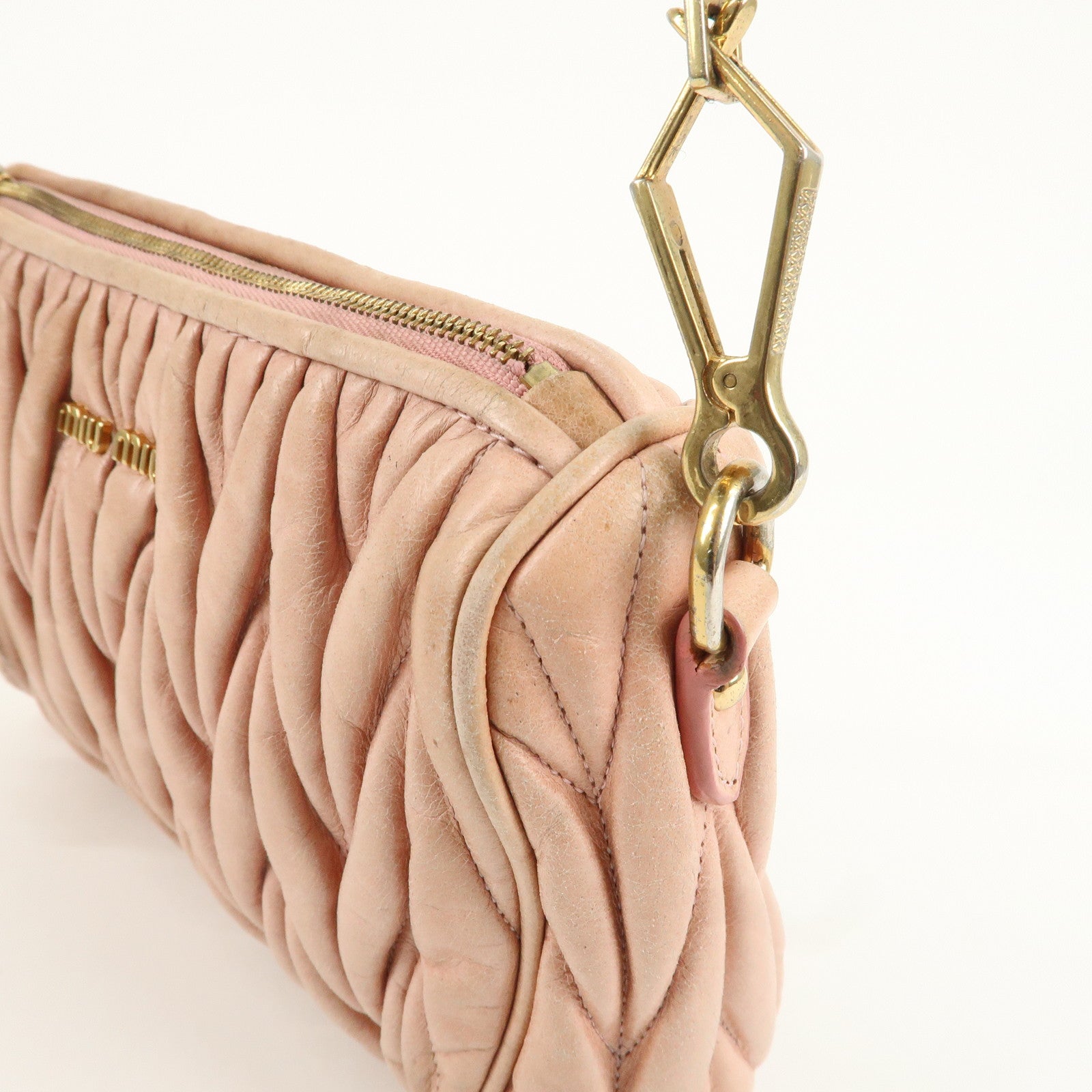 MIU MIU Logo Matelasse Leather Shoulder Bag Pink Beige Gold HDW