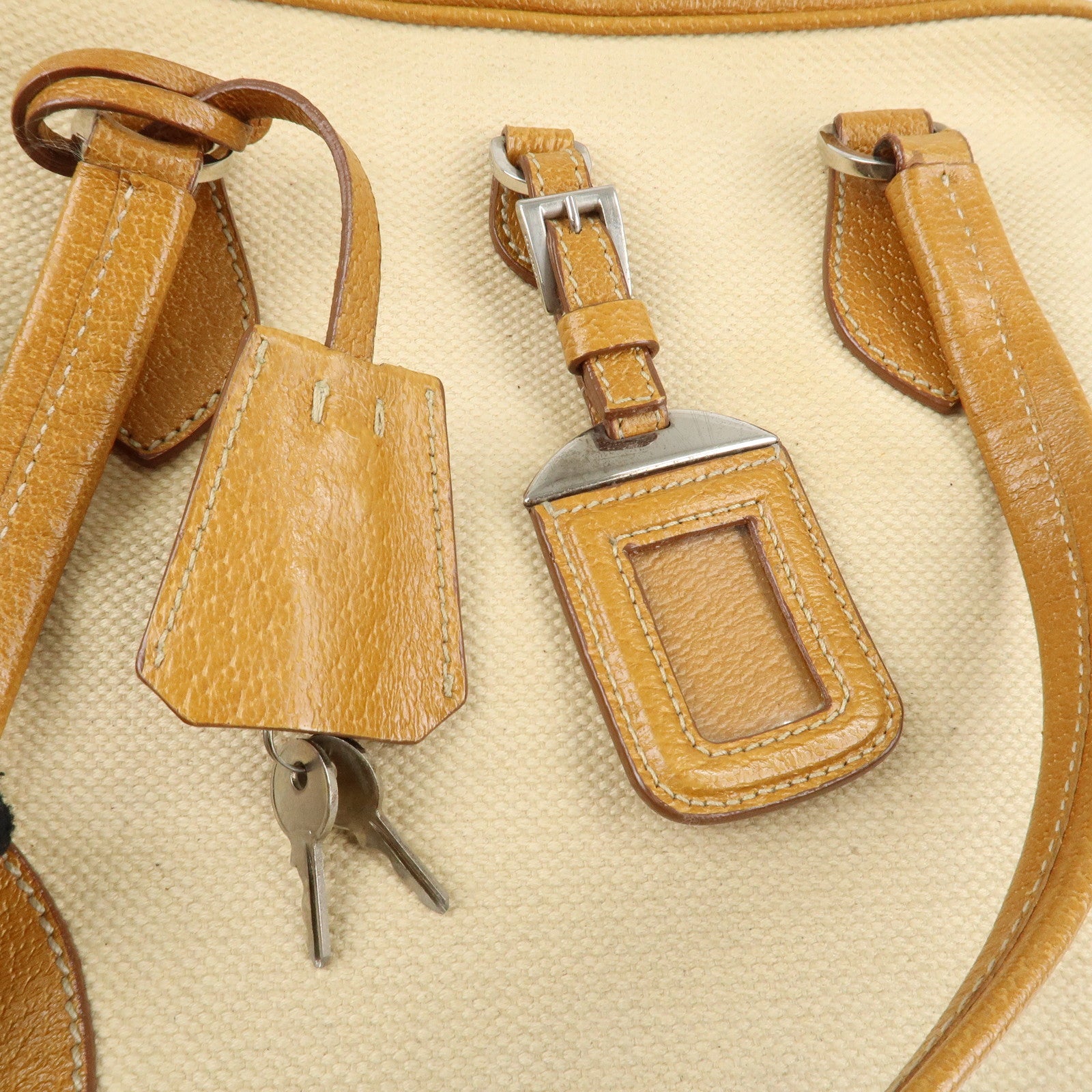PRADA Canvas Leather Triangle Logo Boston Bag Ivory Brown Used
