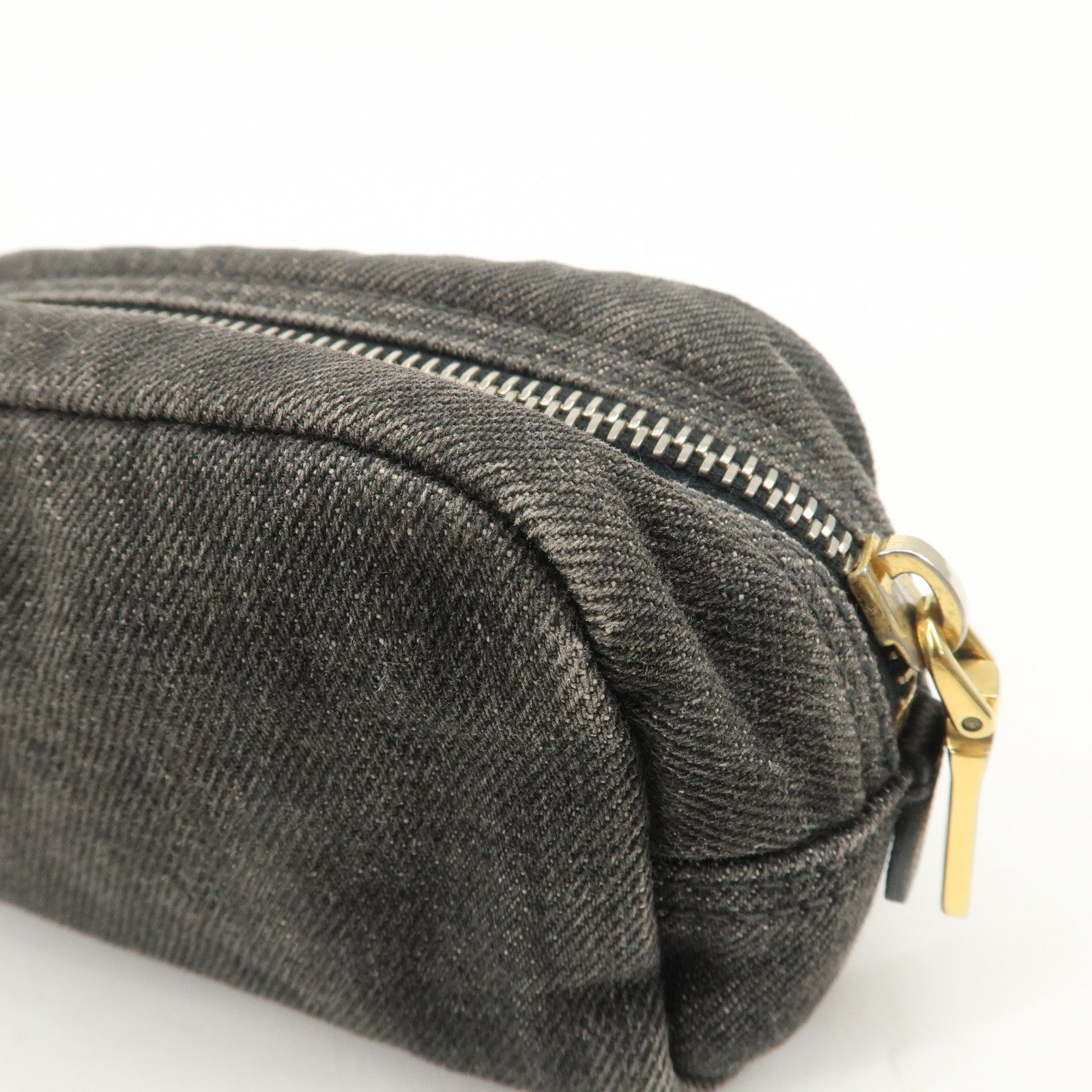 PRADA Triangle Logo Denim Pouch Cosmetic Pouch Black Gold HDW