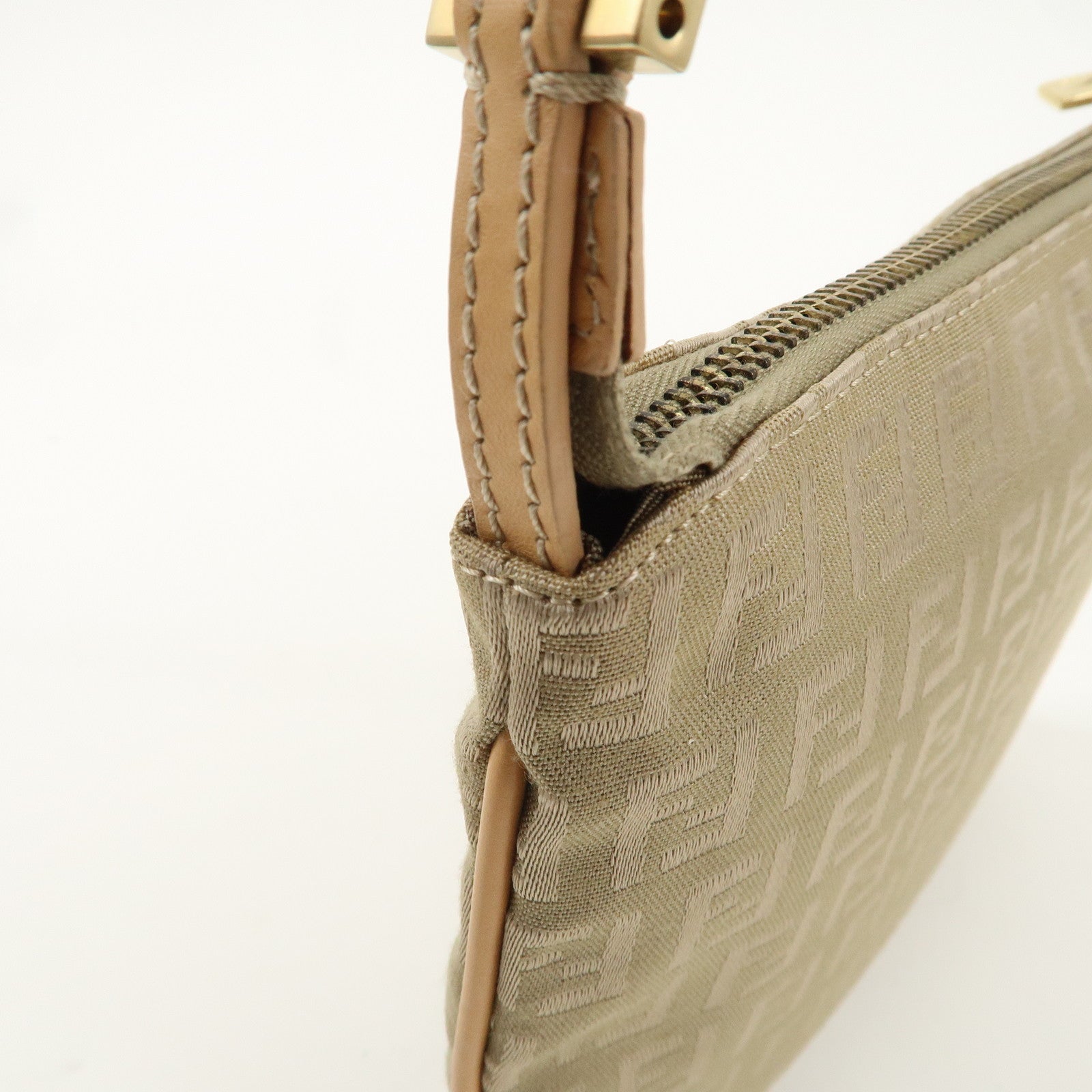 FENDI Zucchino Canvas Leather Shoulder Bag Beige