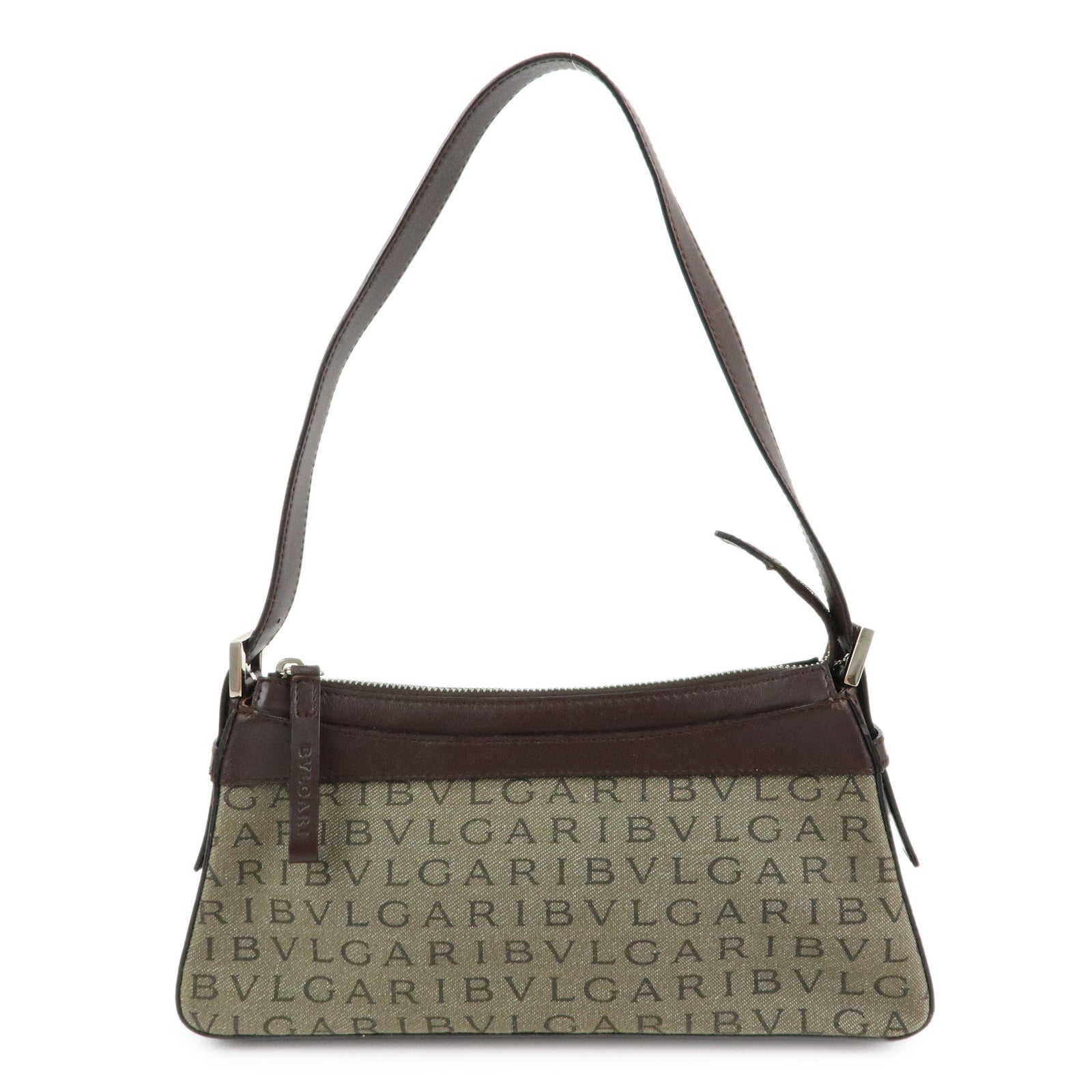 BVLGARI Logo Mania Canvas Leather Shoulder Bag Hand Bag Khaki