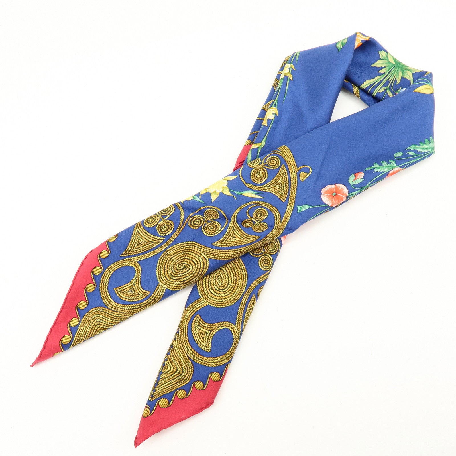 HERMES Carre 90 Silk 100% Scarf ARABESQUES Arabic Print Navy Red