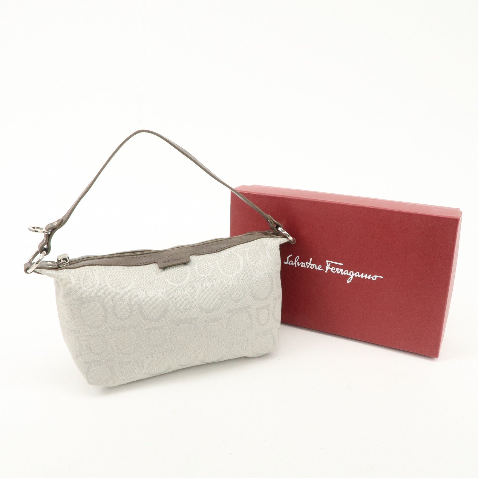 Ferragamo Gancini Leather Canvas Shoulder Bag Brown Silver Used