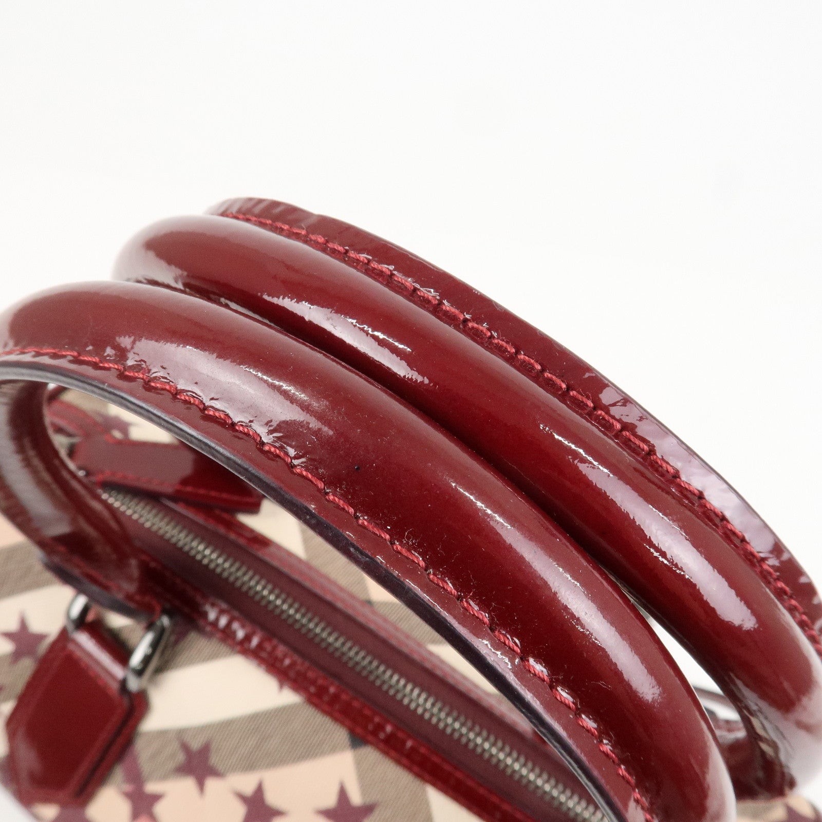 BURBERRY PVC Canvas Patent Leather Boston Bag Beige Bordeaux