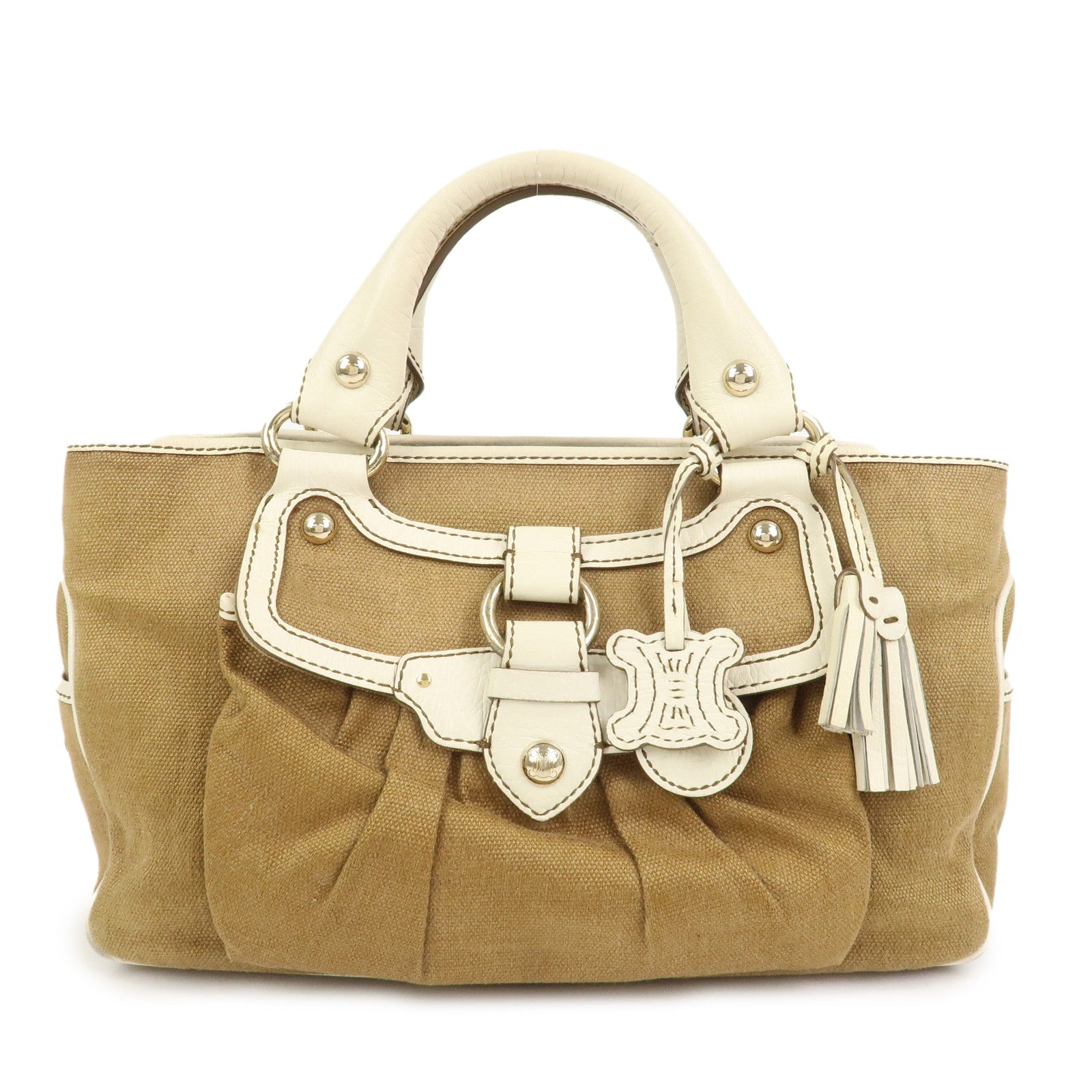 CELINE Canvas Leather Boogie Bag Hand Bag Macadam Motif Brown Ivory