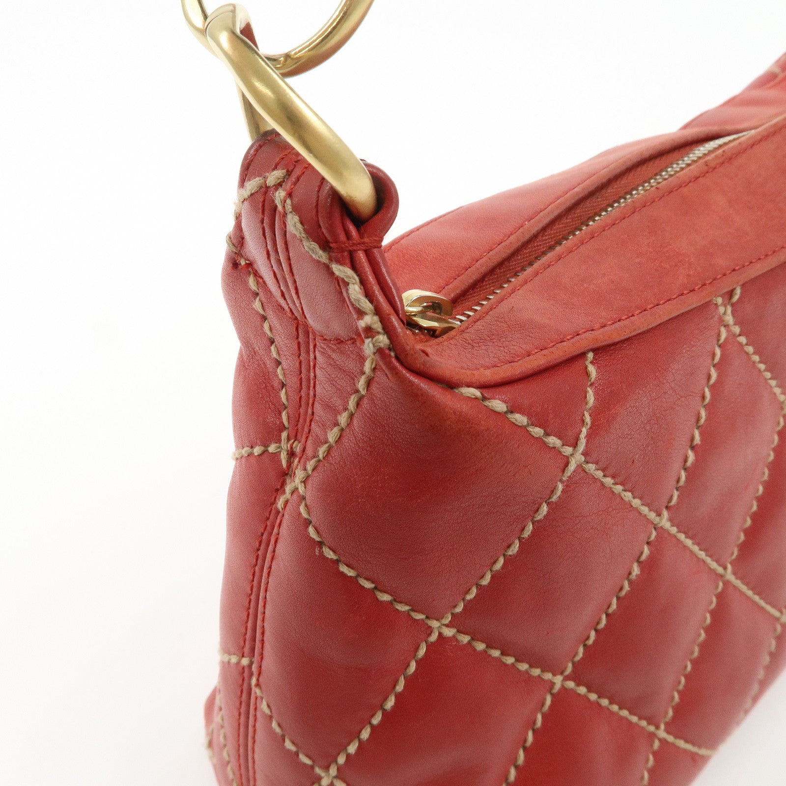 CHANEL COCO Mark Wild Stitch Lamb Skin Leather Hand Bag Red