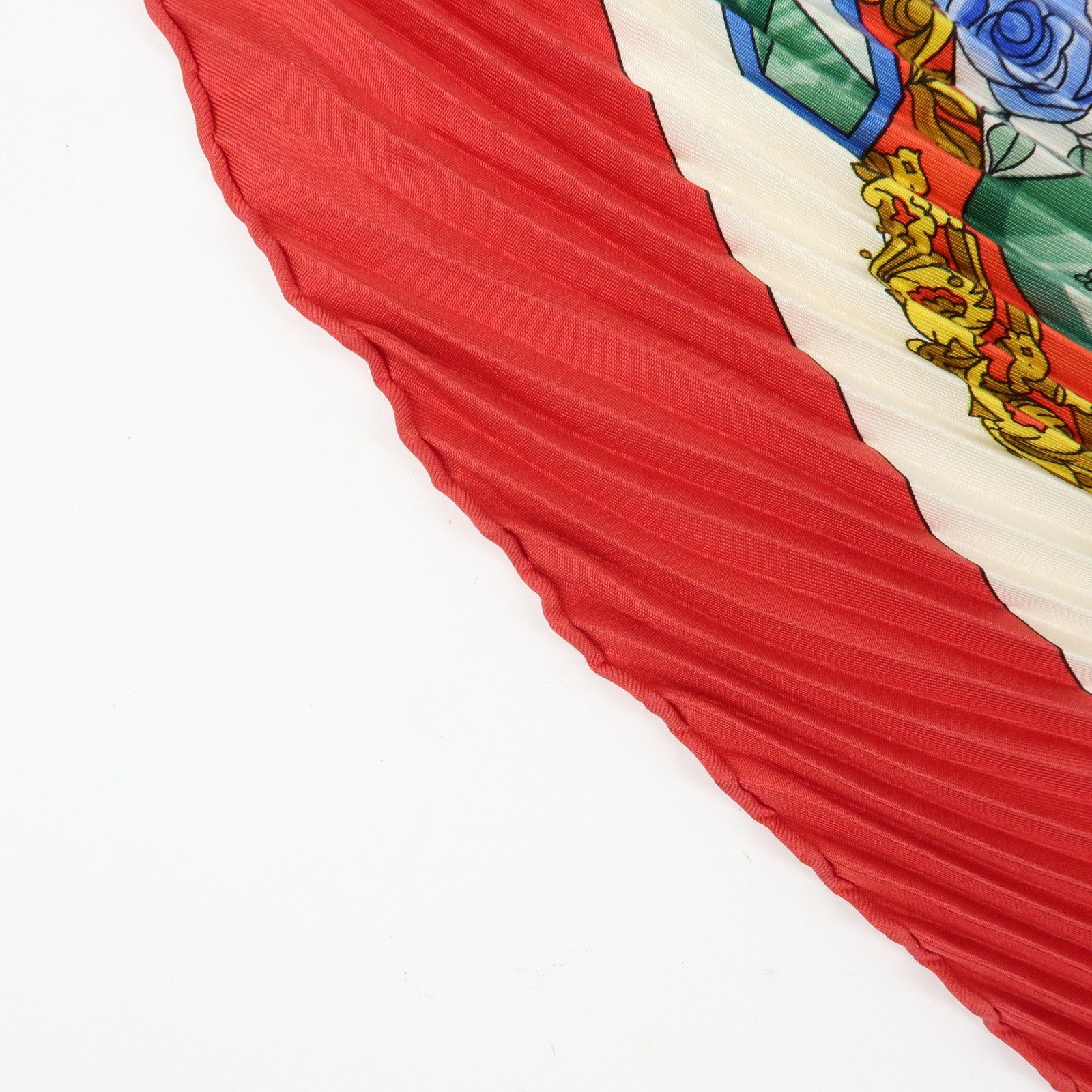 HERMES Pleated Carre Silk 100% Scarf L'ENTENTE CORDIALE Red Blue