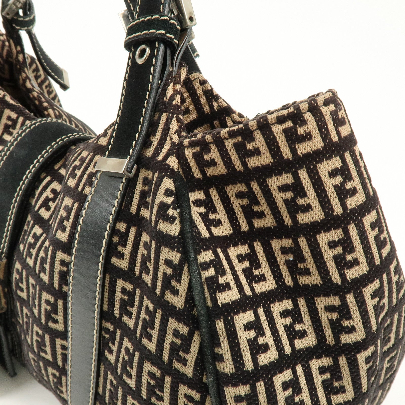 FENDI Zucchino Canvas Suede Leather Tote Bag Black Beige 8BR091