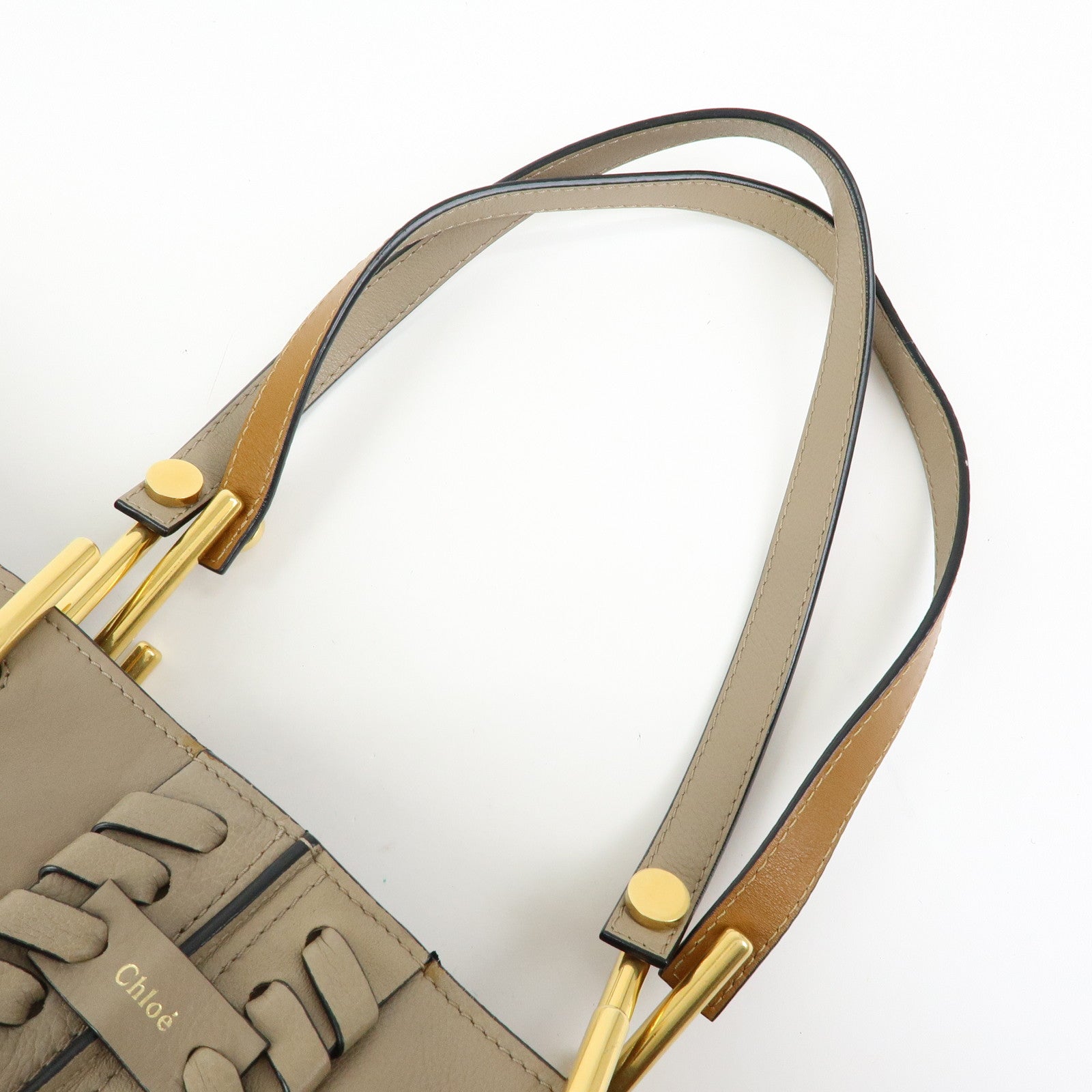 Chloe Leather Whipstitch Tote Bag Shoulder Bag Greige Beige