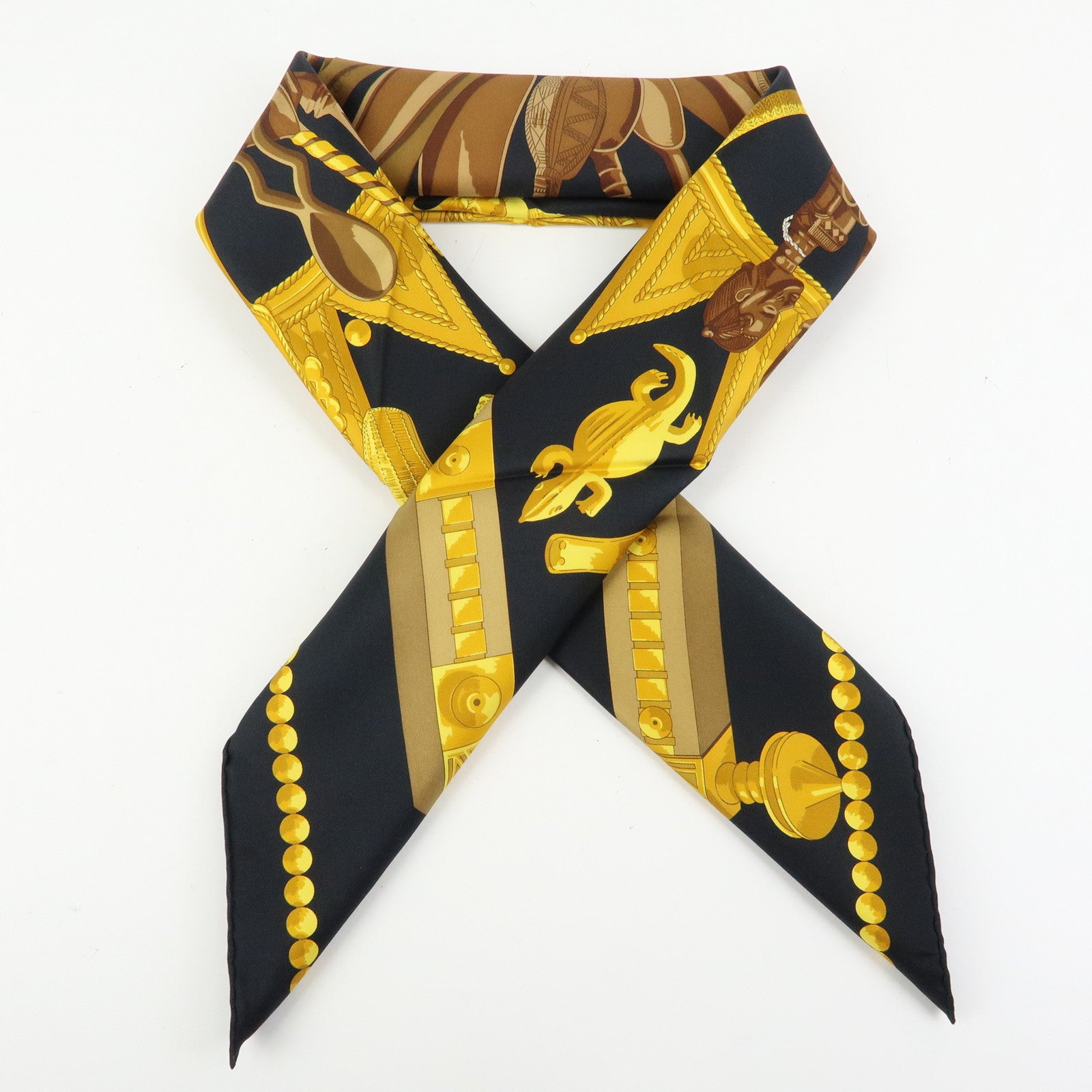 HERMES Carre 90 Silk 100% Scarf CUILLERS D'AFRIQUE Black Gold