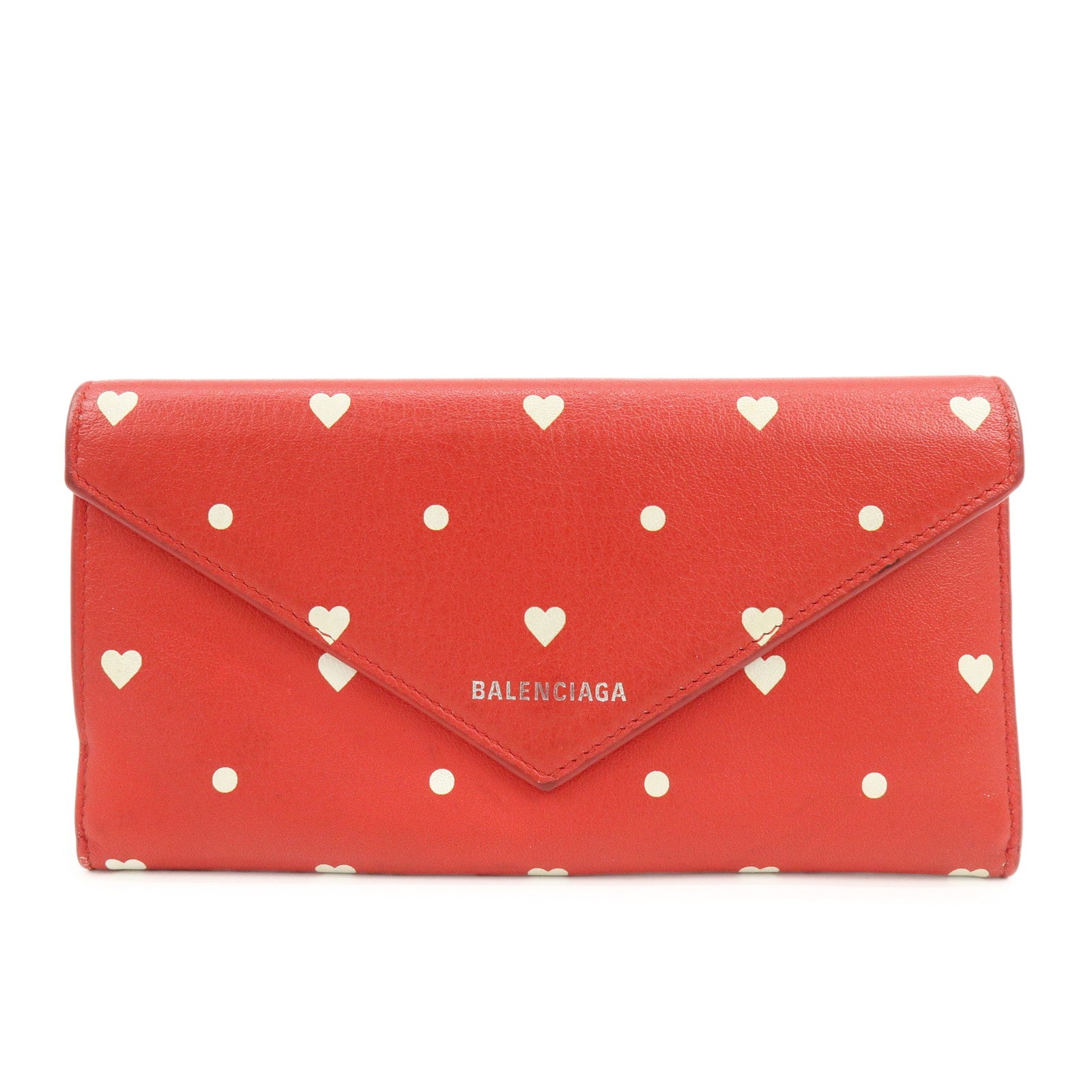 BALENCIAGA The Papier Leather Long Wallet Heart Dots Red 499207