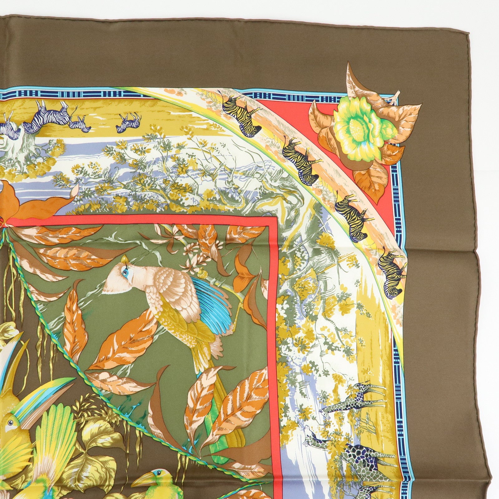 HERMES Carre 90 Silk 100% Scarf TROPIOUES Brown