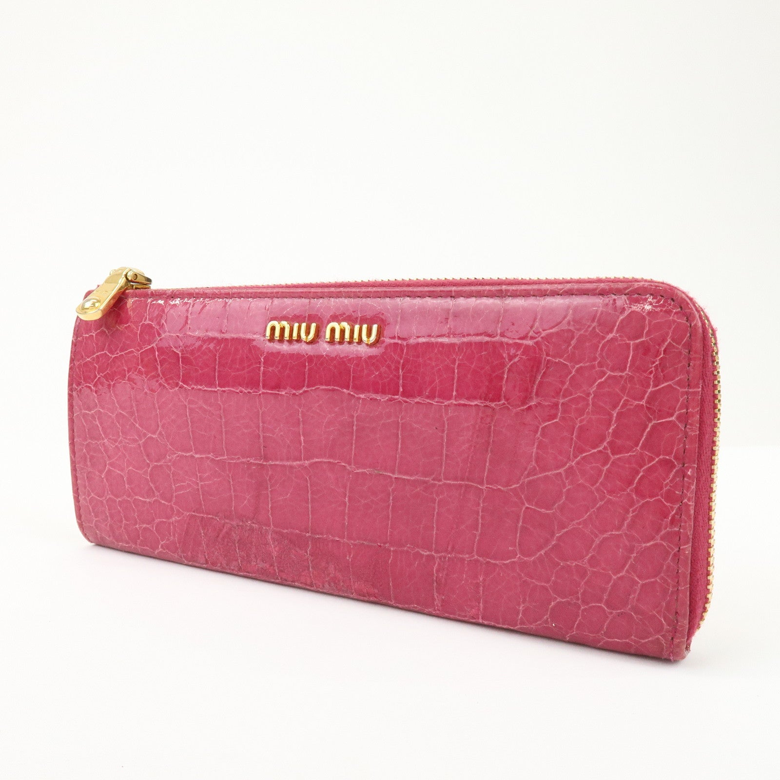 MIU MIU Logo Embossed Leather Zippy Long Wallet Pink Gold