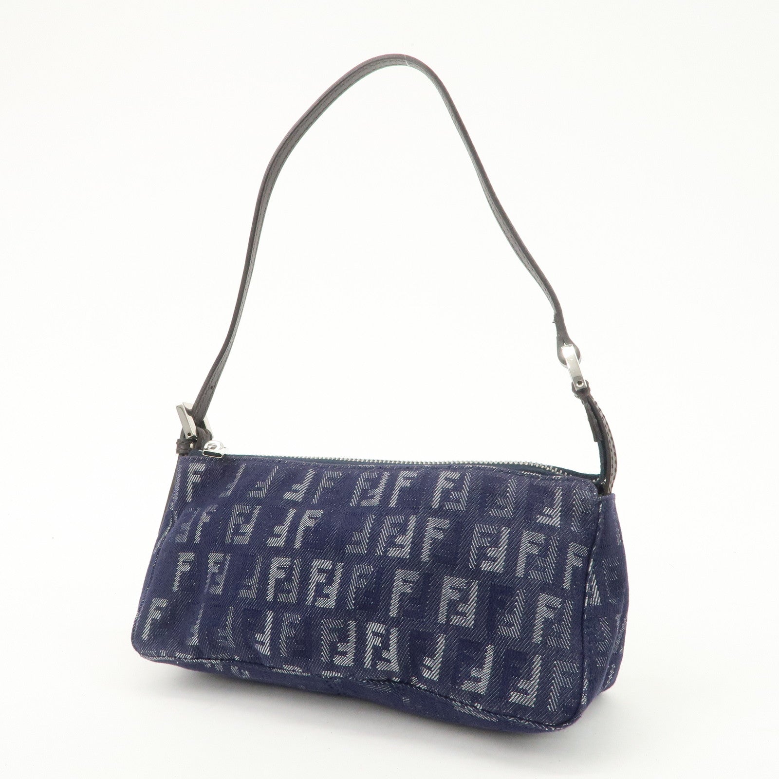 FENDI Zucchino Canvas Leather Shoulder Bag Pouch Navy 8BR249 Used