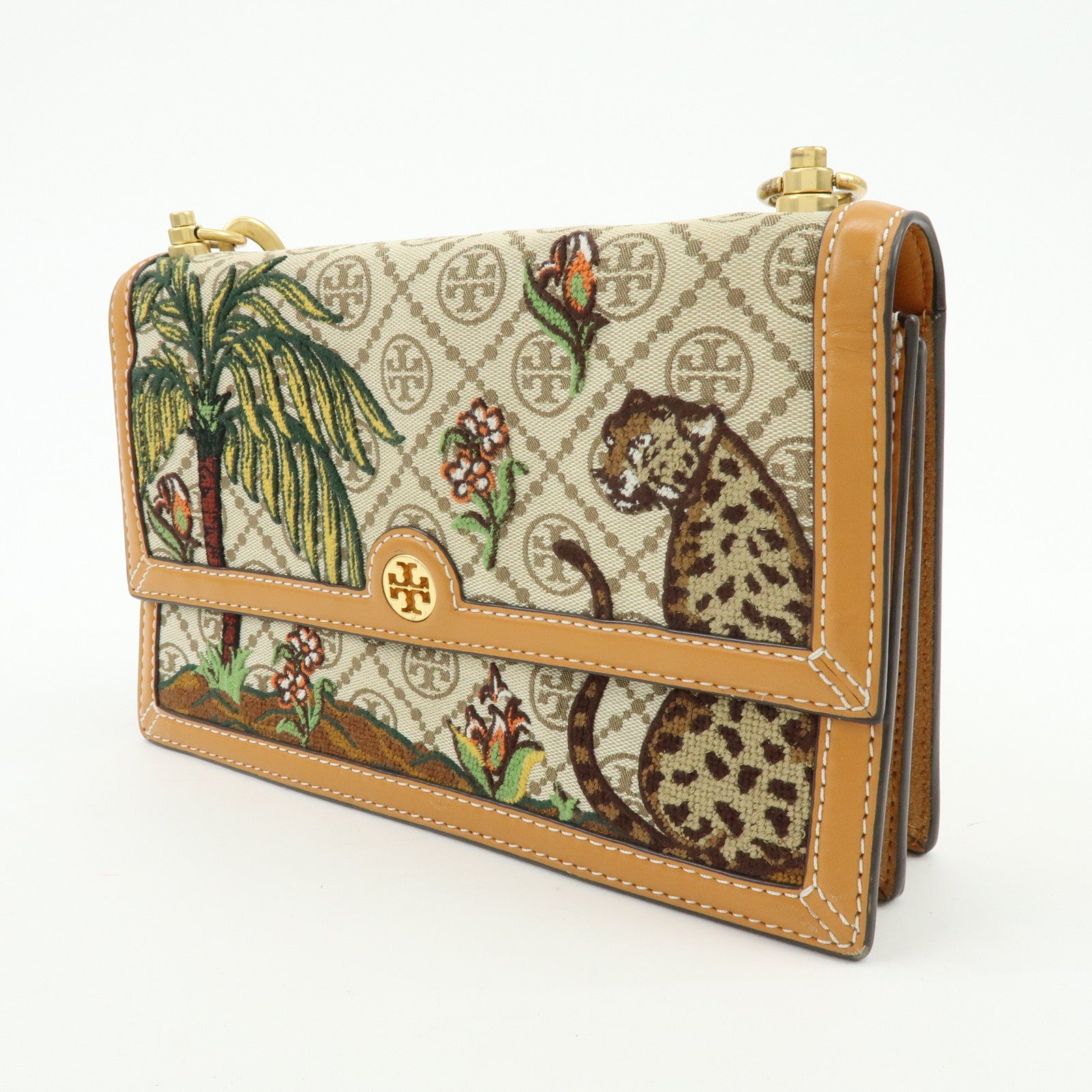 TORY BURCH T Monogram Jacquard Leather Shoulder Bag Leopard Beige