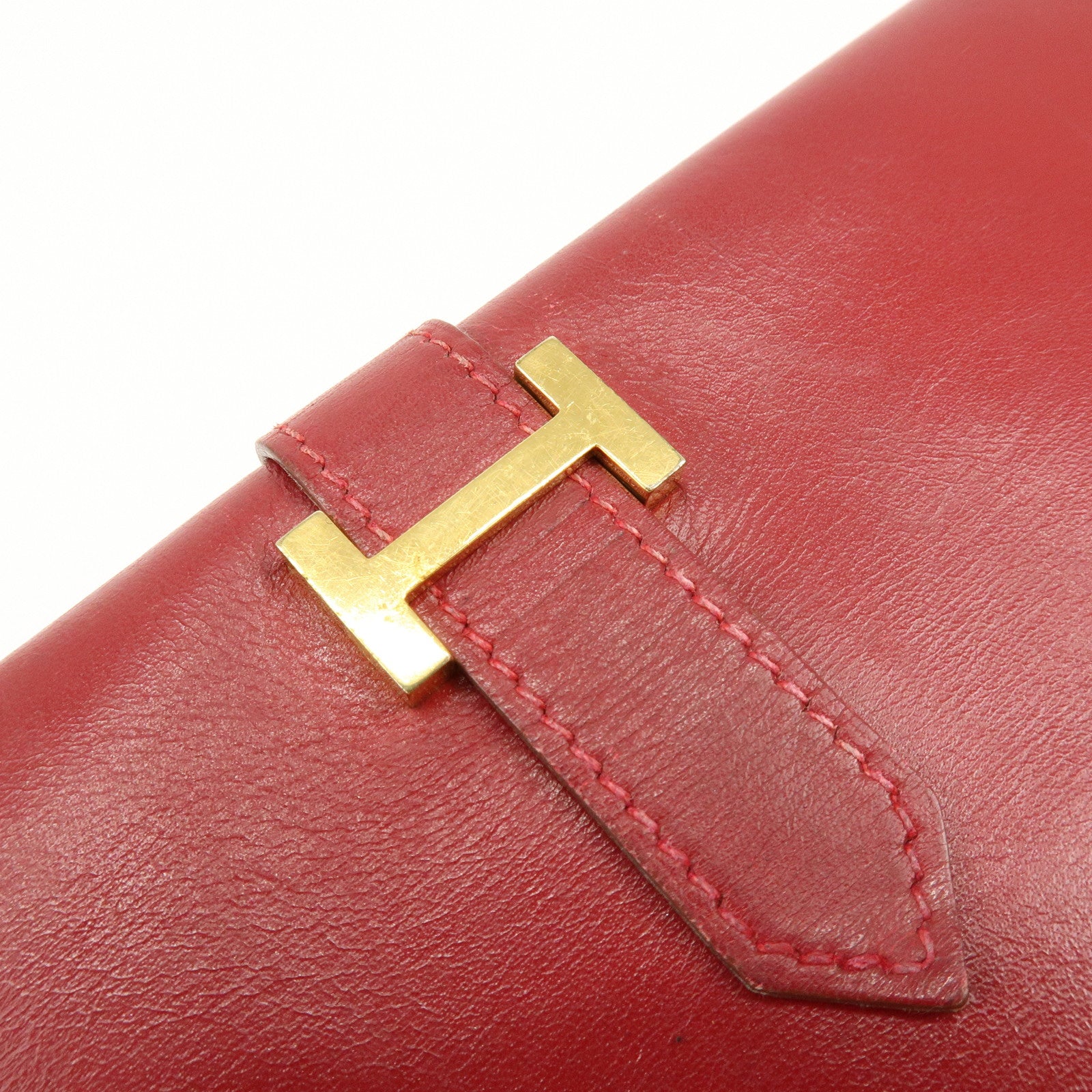 HERMES Bearn Classic Box Calf Bi-fold Long Wallet □～ Stamped Red