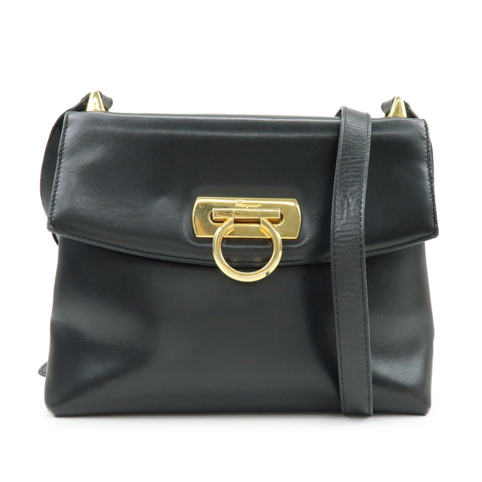 Ferragamo Gancini Leather Shoulder Bag Crossbody Bag Black